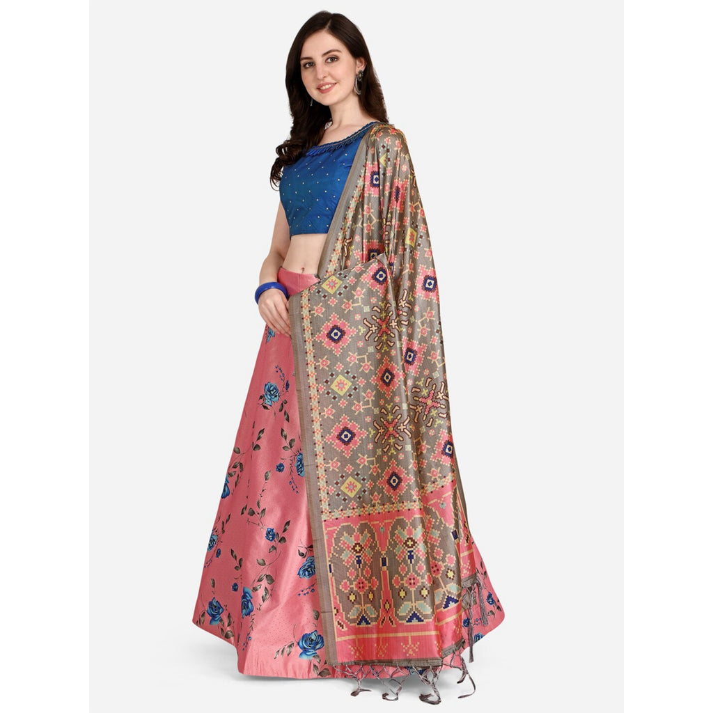 Women's Digital Print Shiney Satin Semistitched Lehenga Choli With Unstitched Blouse And Thred Work Dupatta