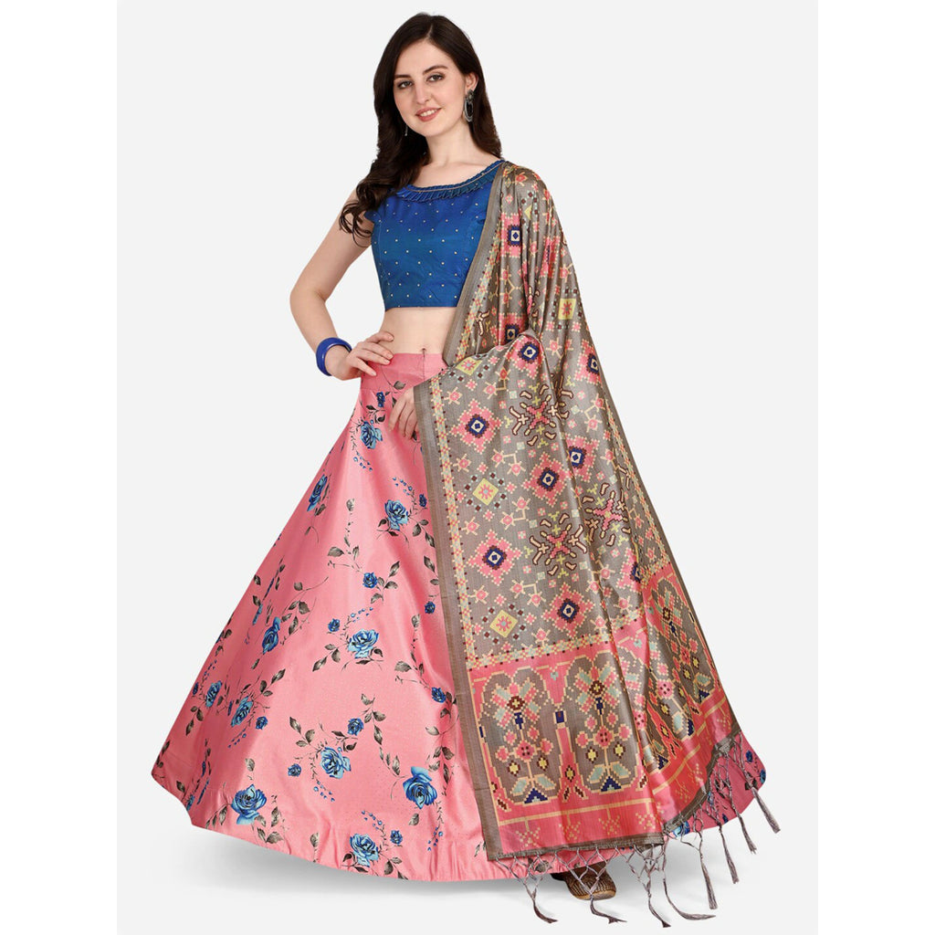 Women's Digital Print Shiney Satin Semistitched Lehenga Choli With Unstitched Blouse And Thred Work Dupatta