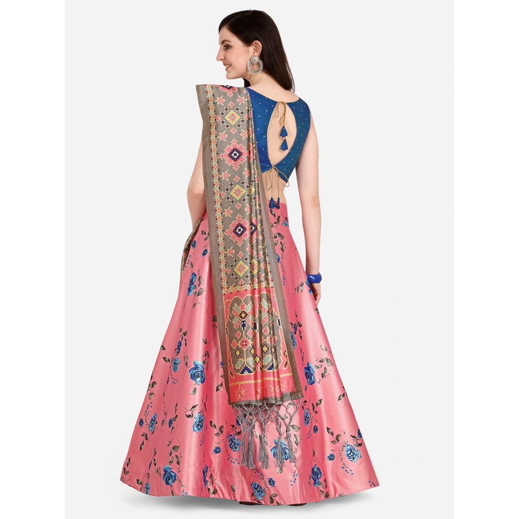 Women's Digital Print Shiney Satin Semistitched Lehenga Choli With Unstitched Blouse And Thred Work Dupatta