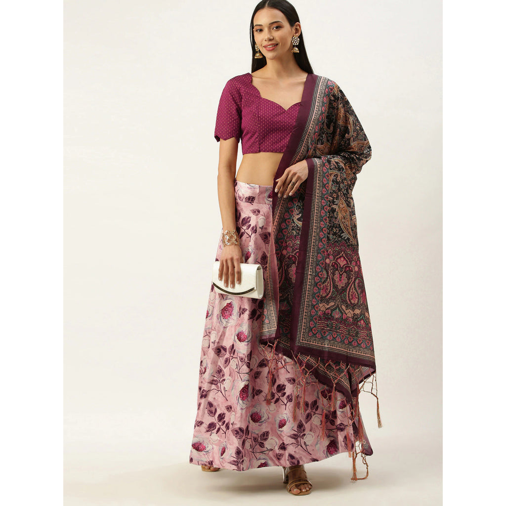 Women's Digital Print Shiney Satin Semistitched Lehenga Choli With Unstitched Blouse And Thred Work Dupatta