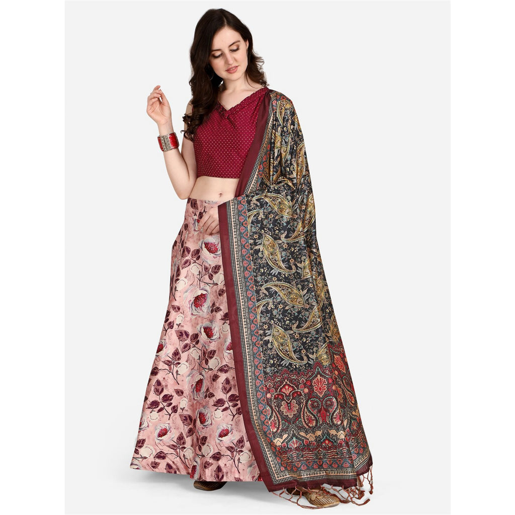 Women's Digital Print Shiney Satin Semistitched Lehenga Choli With Unstitched Blouse And Thred Work Dupatta