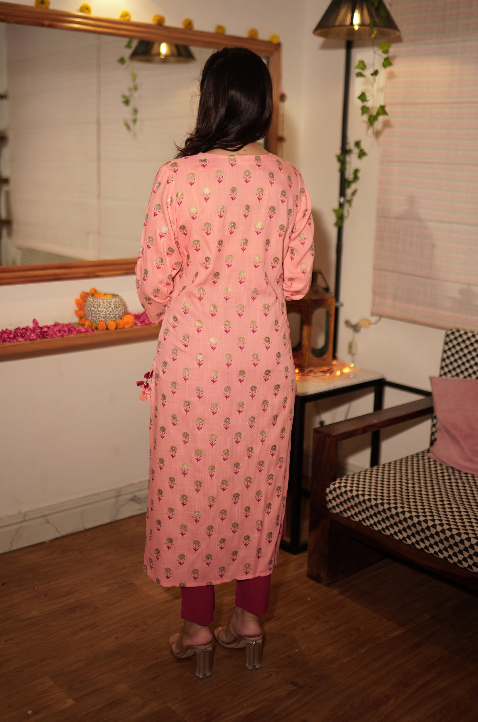 Women's Pink Floral Gold Print Suit Set - KAAJH