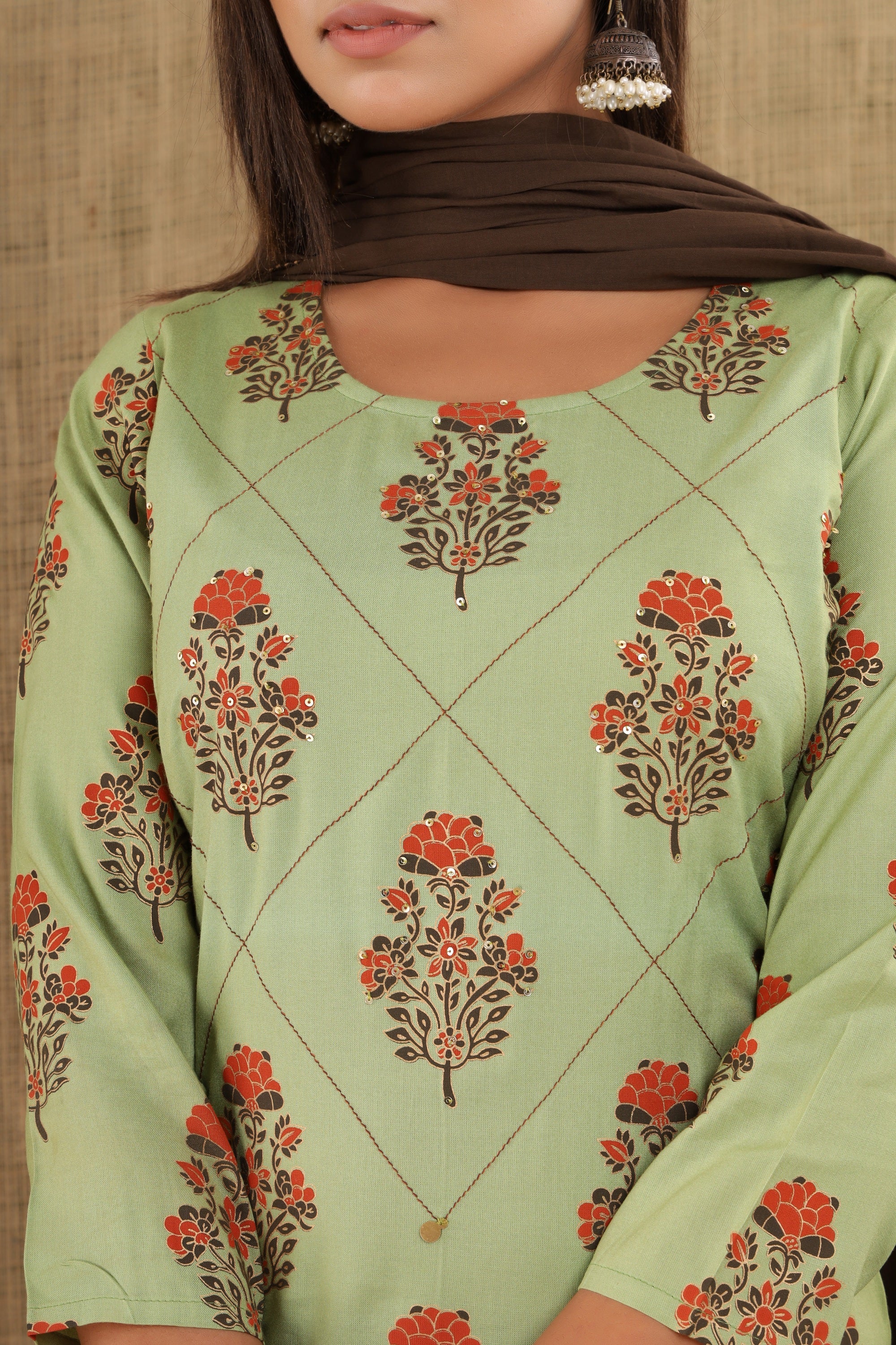 Women's Green Brown Floral Print Suit Set - KAAJH