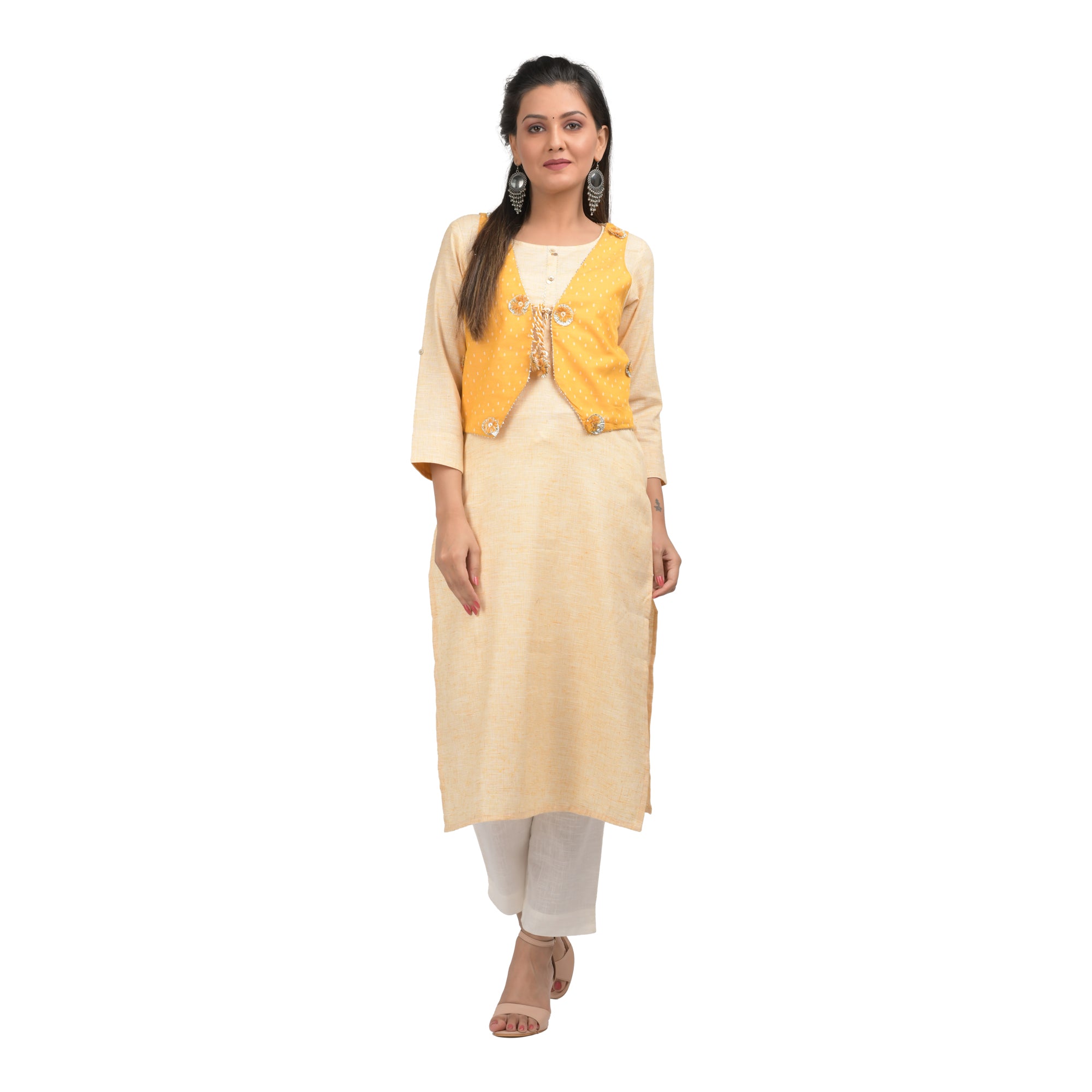 Women's Yellow Printed Jacket kurta - KAAJH