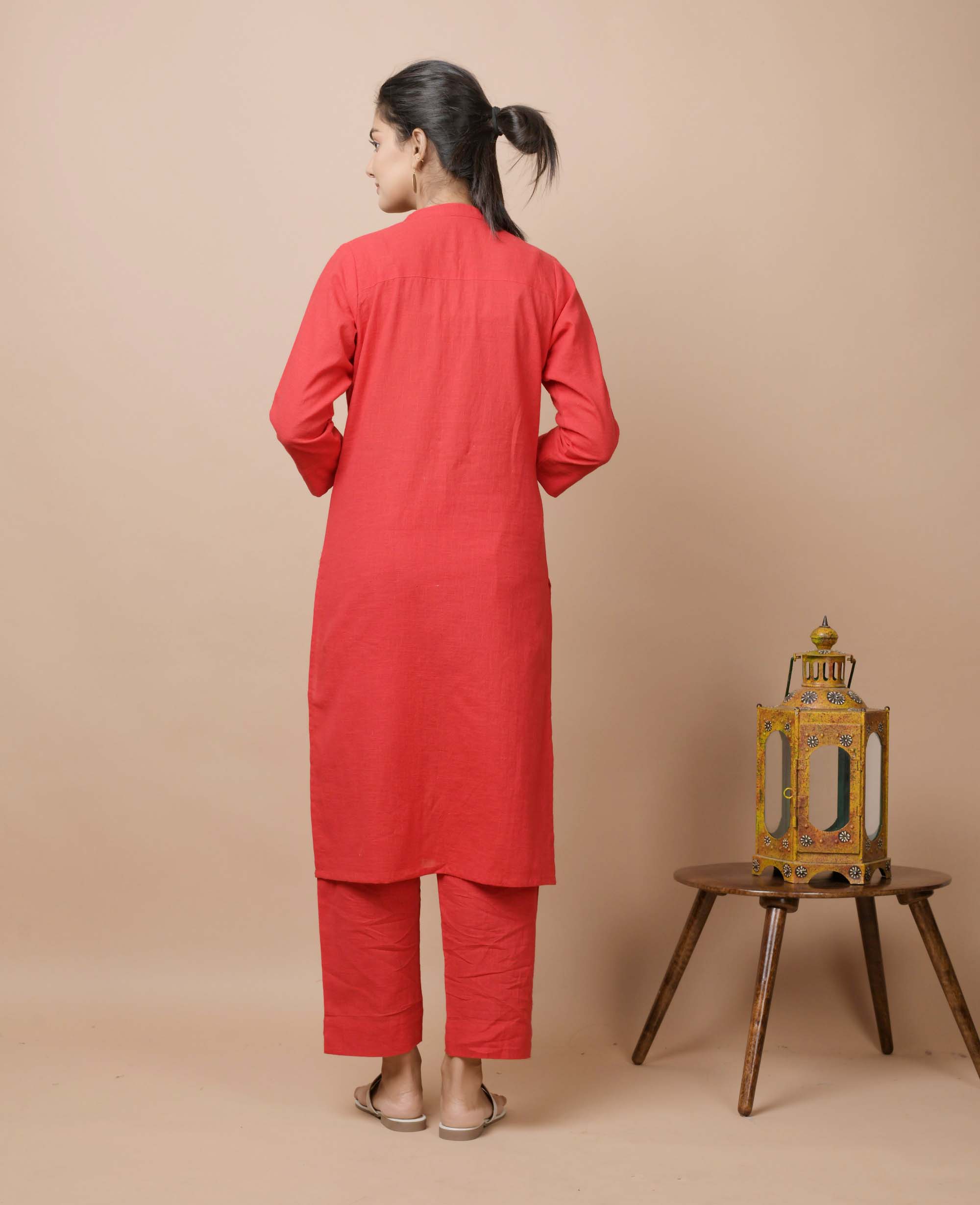 Women's Red Solid Cotton Kurta Pant Set - KAAJH