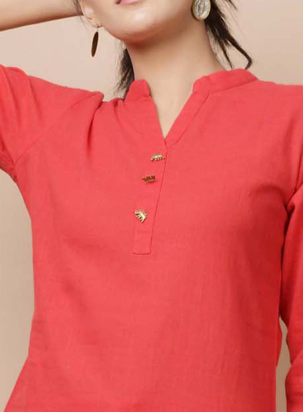 Women's Red Solid Cotton Kurta Pant Set - KAAJH