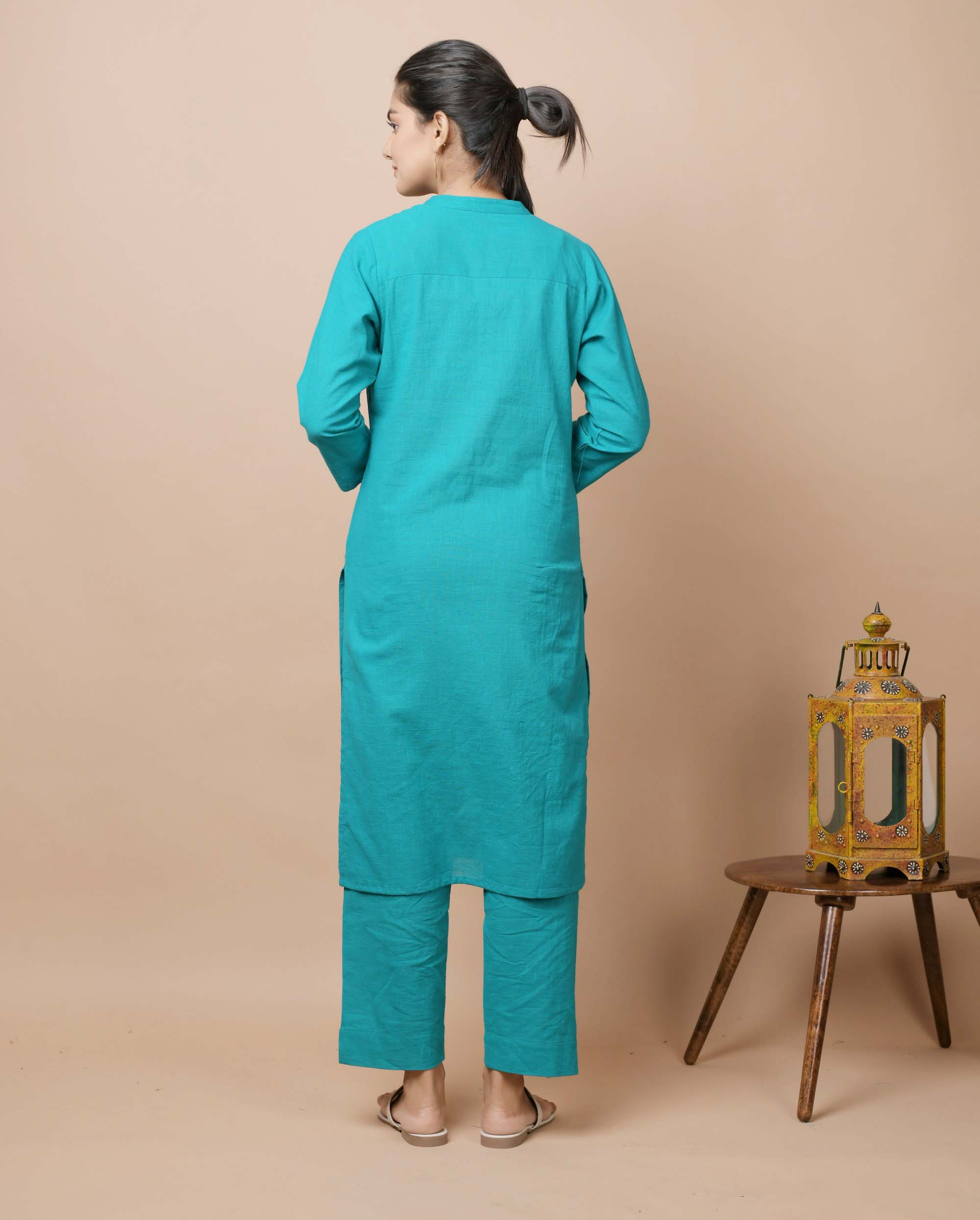 Women's Teal Green Solid Cotton Kurta Pant Set - KAAJH
