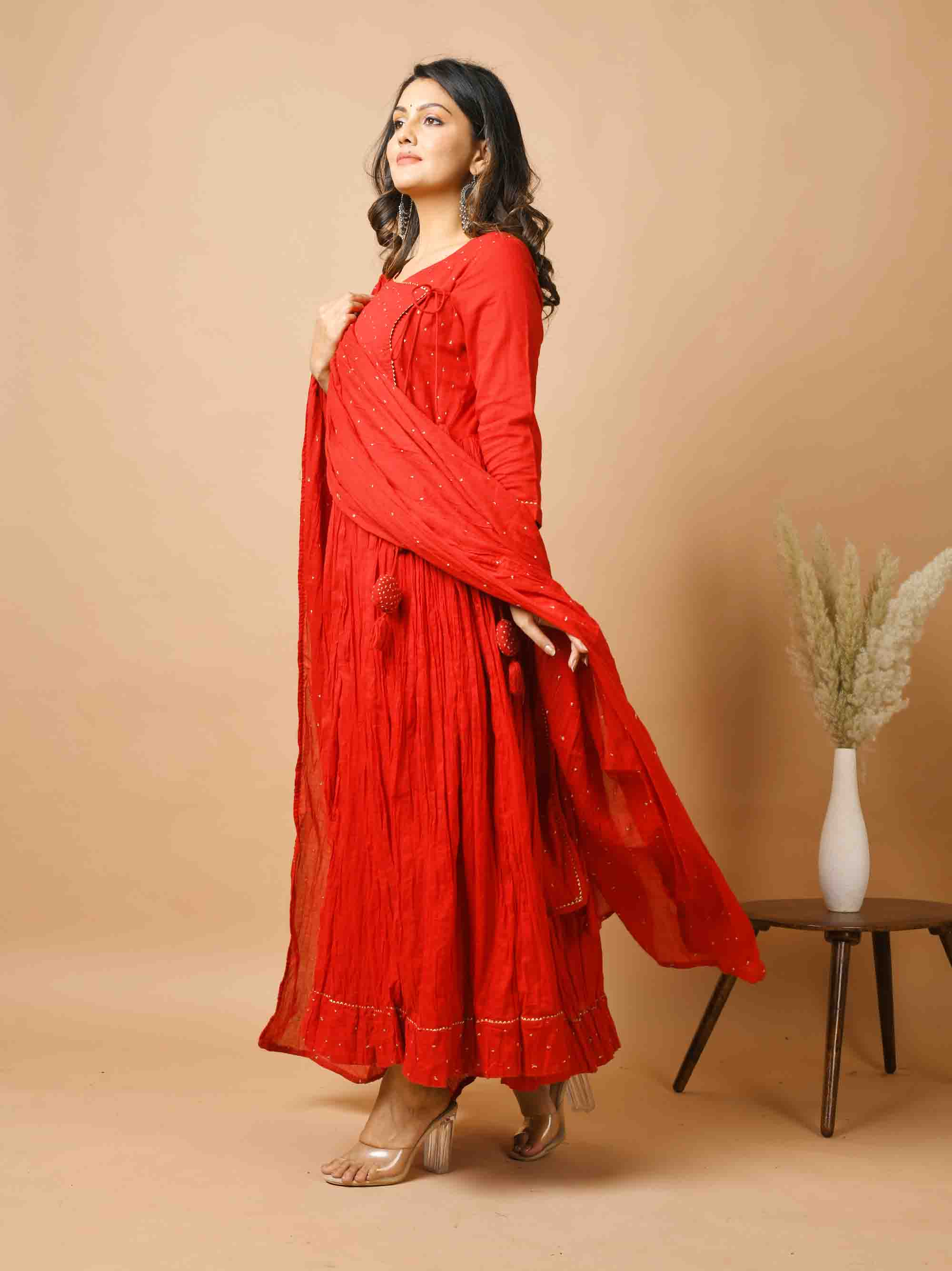 Women's Red Zari Embellishment Angrakha Suit Set  - KAAJH