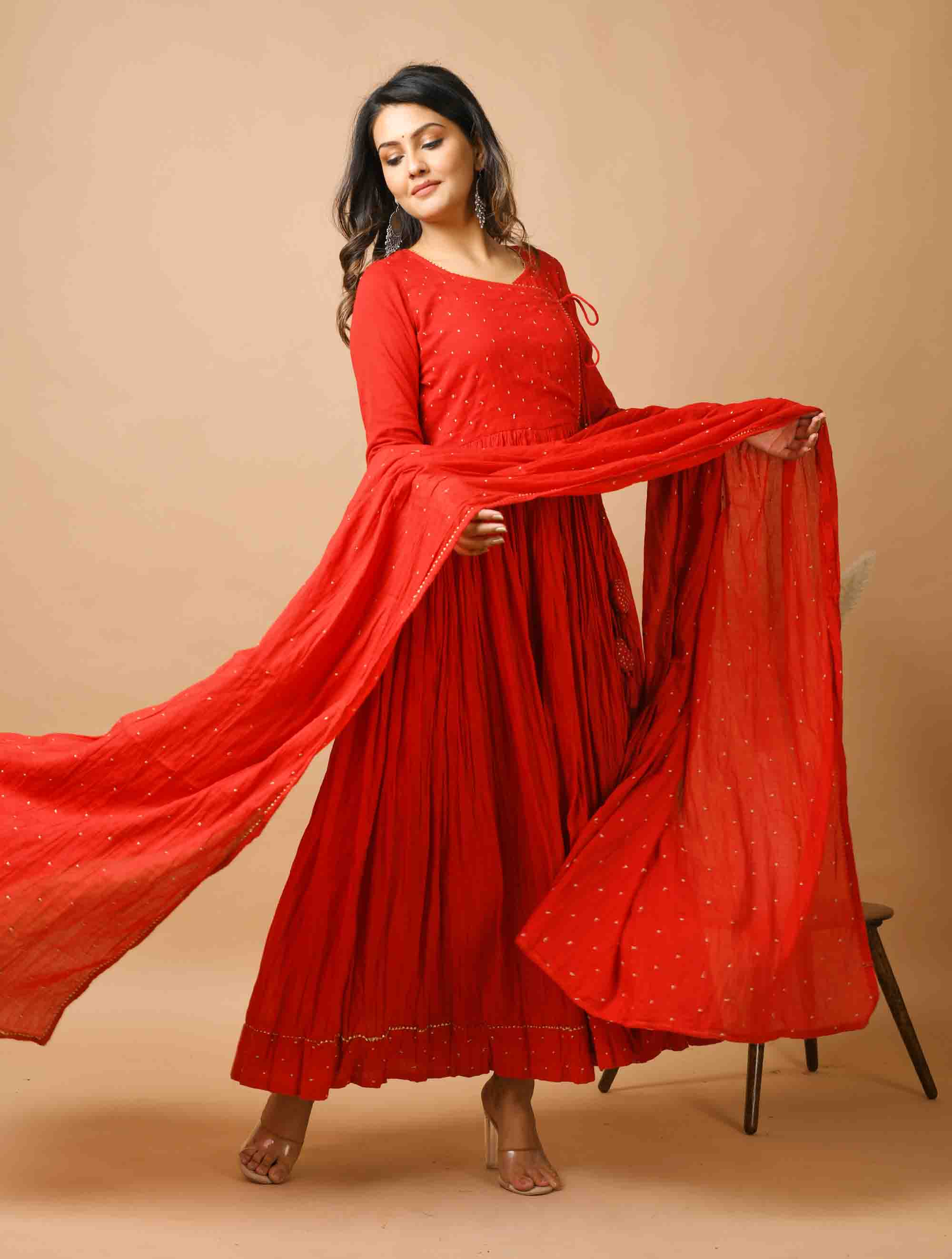 Women's Red Zari Embellishment Angrakha Suit Set  - KAAJH