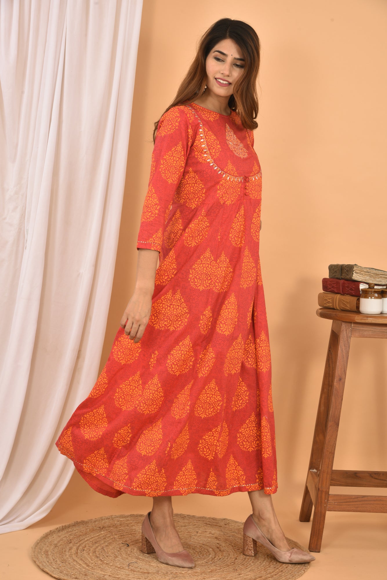 Women's Orange Printed Anarkali Kurta - KAAJH