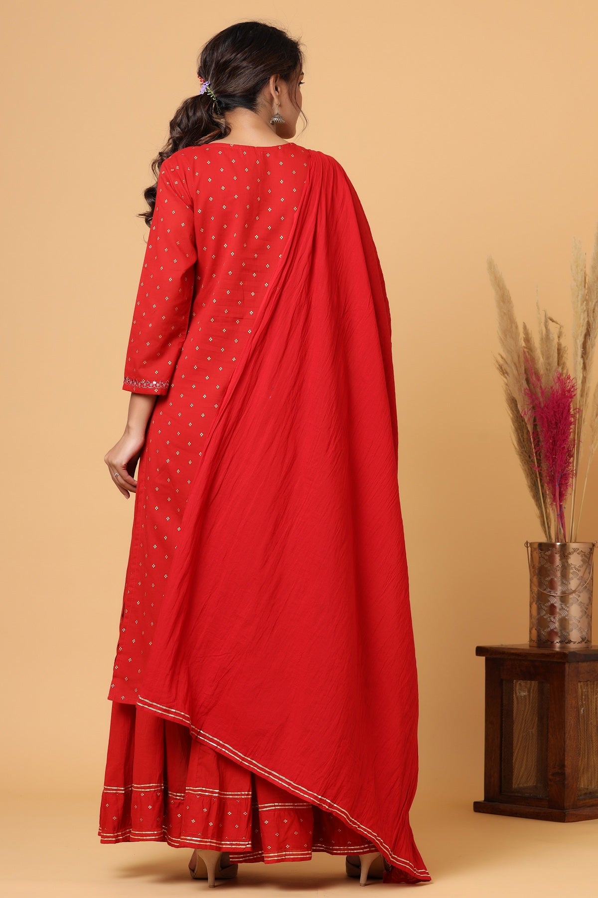 Women's Red Gold Print Suit Set - KAAJH