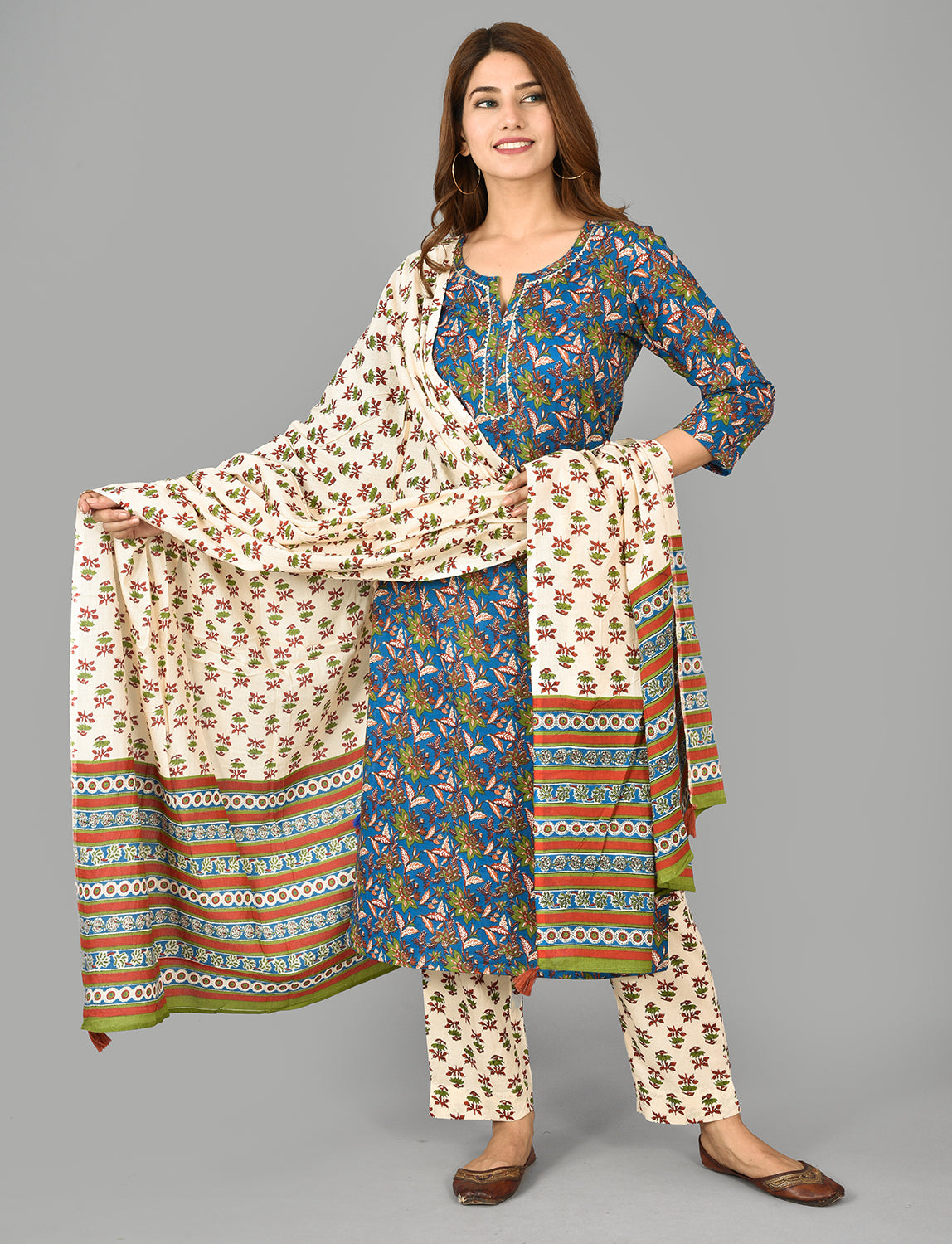 Women's Blue Floral Print Cotton Suit Set - KAAJH