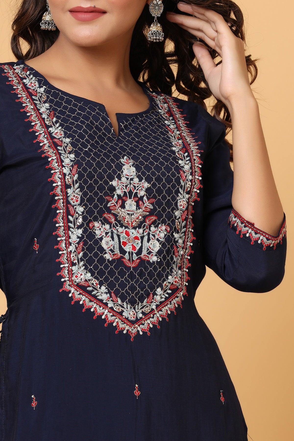 Women's Blue Embroidery Chanderi Ethnic Kurta - KAAJH