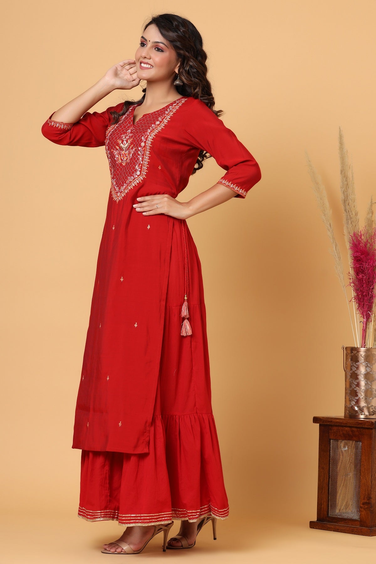 Women's Red Embroidery Chanderi Ethnic Kurta - KAAJH