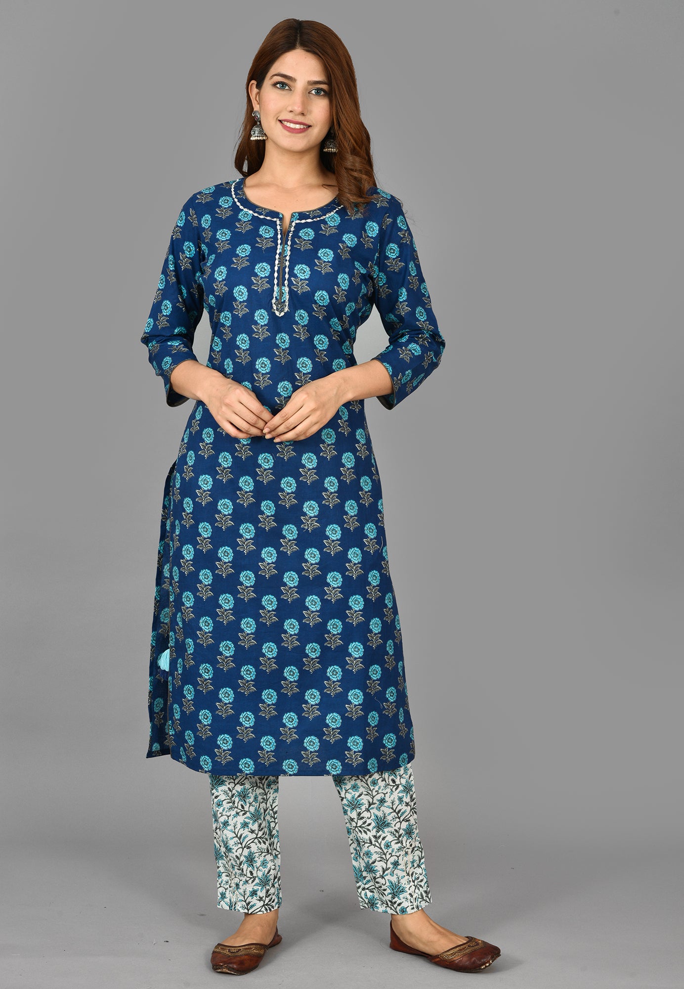Women's Blue Floral Print Cotton Suit Set - KAAJH