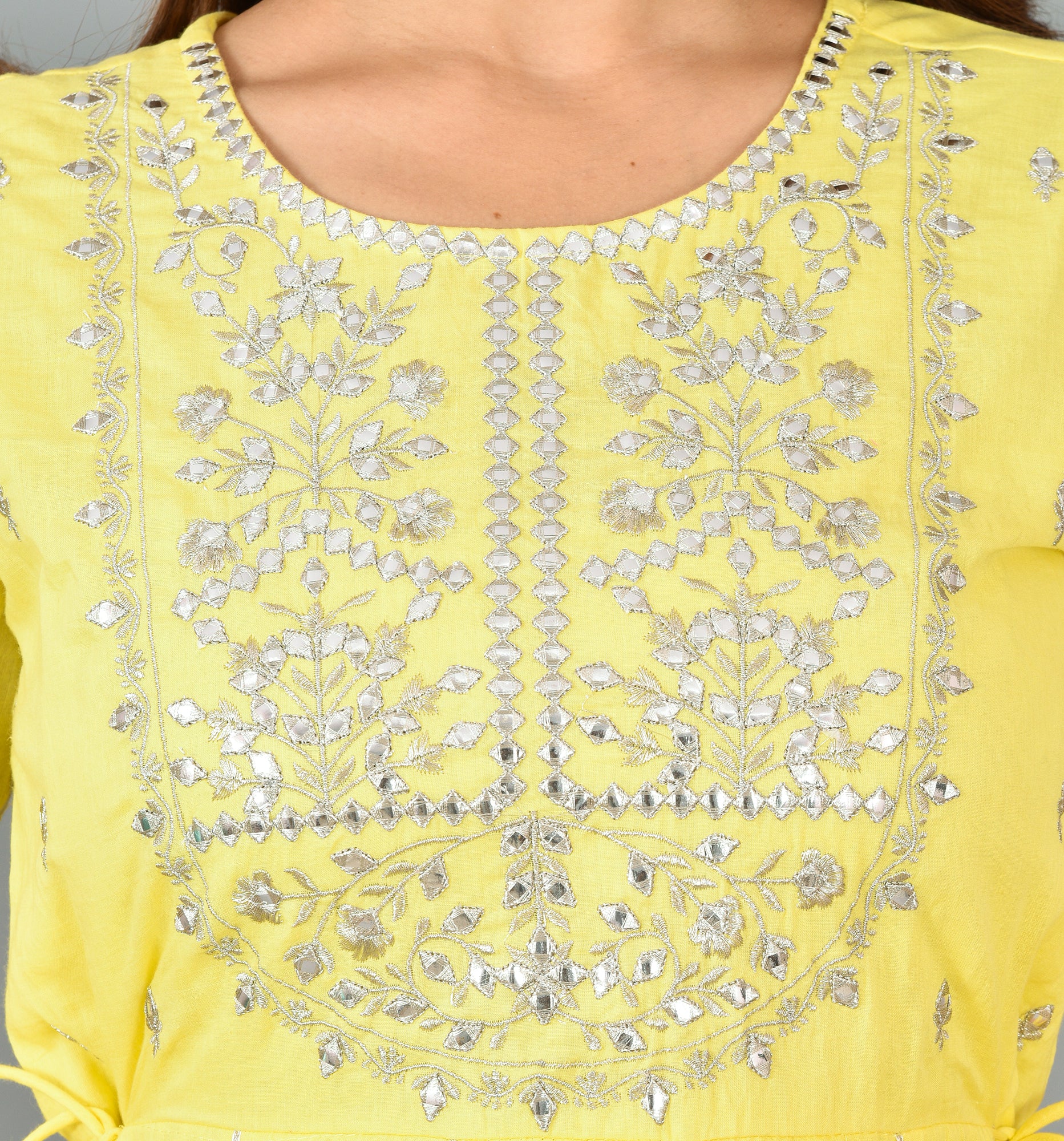 Women's Yellow Mirror Embroidery Anarkali Kurta - KAAJH