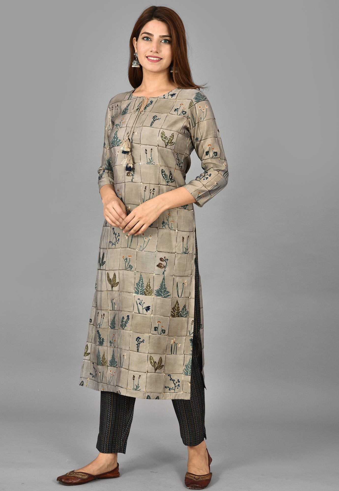 Women's Grey Floral Printed Modal Kurta Pant Set - KAAJH