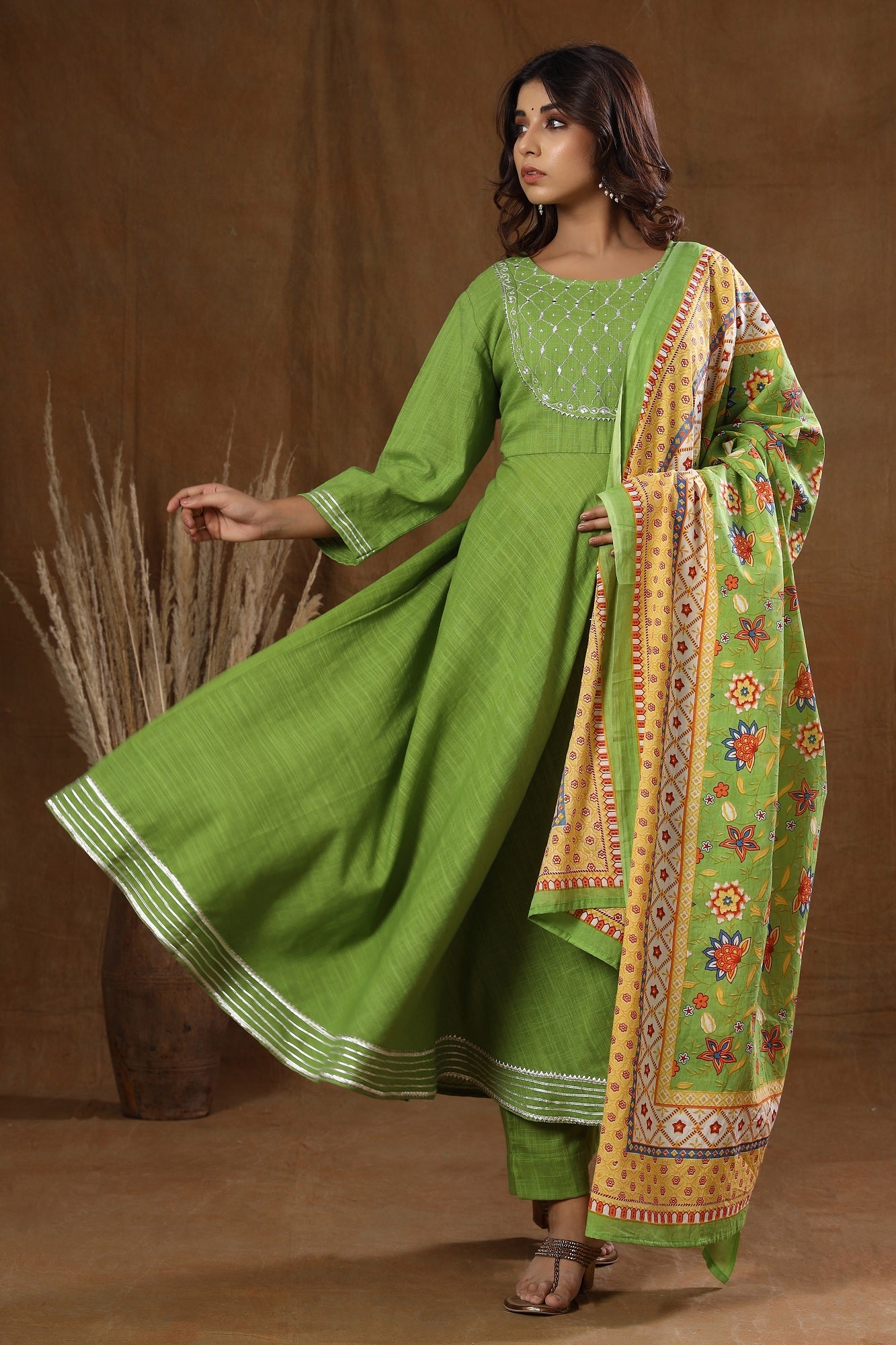 Women's Green Mirror Embroidery Anarkali Suit Set - KAAJH