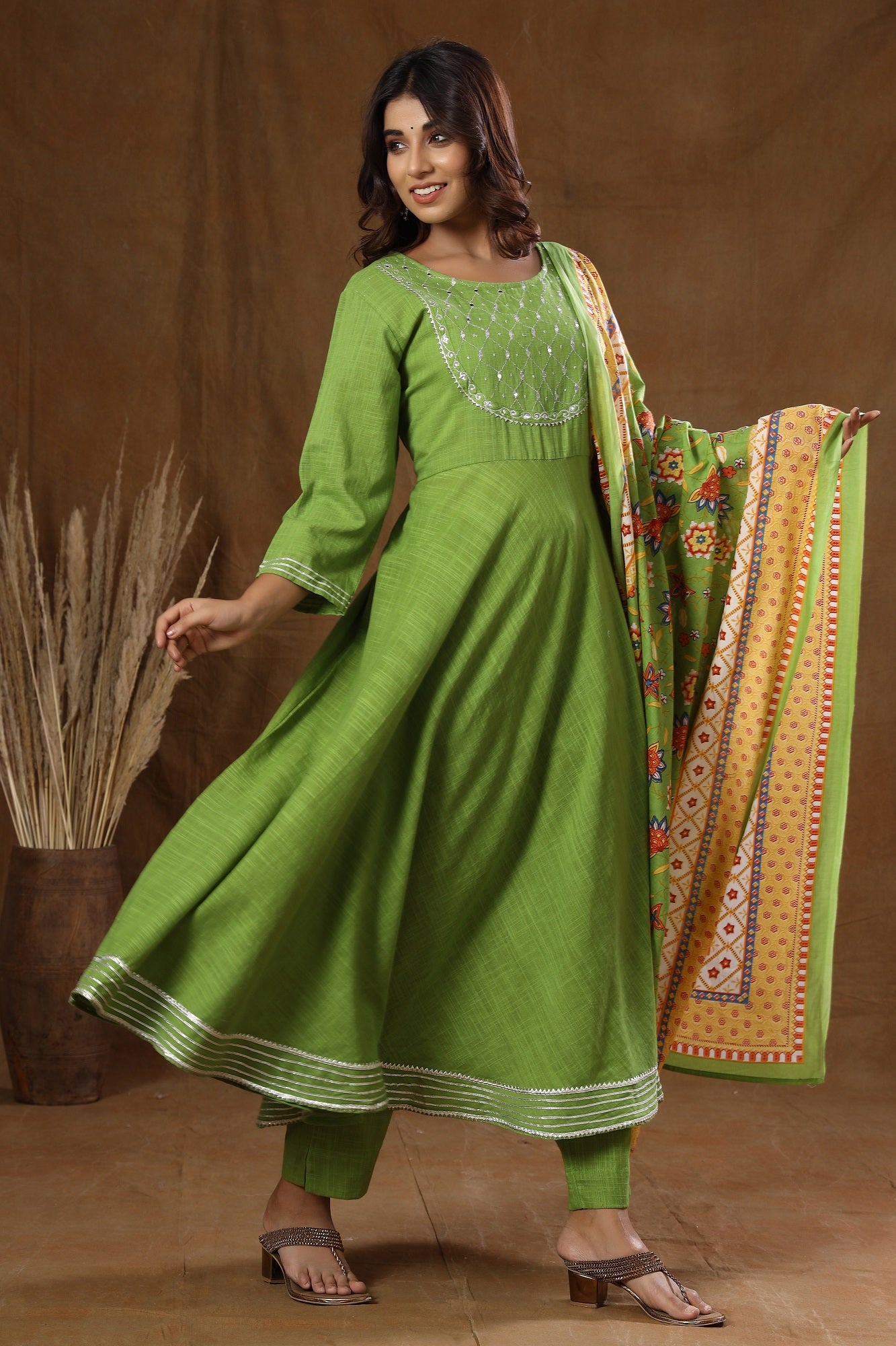 Women's Green Mirror Embroidery Anarkali Suit Set - KAAJH