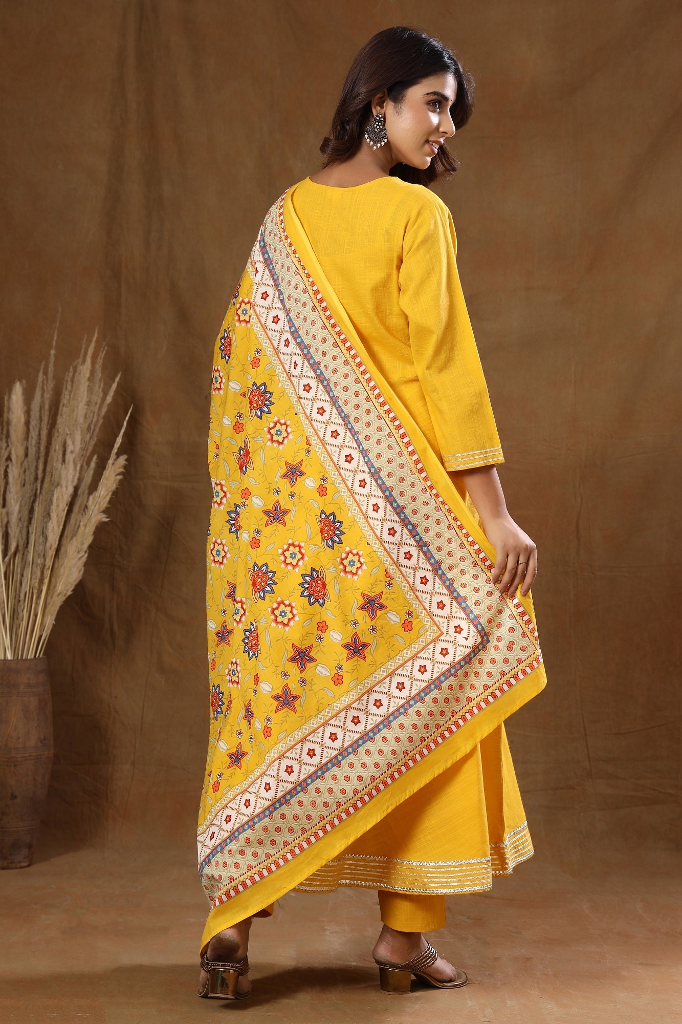 Women's Yellow Mirror Embroidery Anarkali Suit Set - KAAJH
