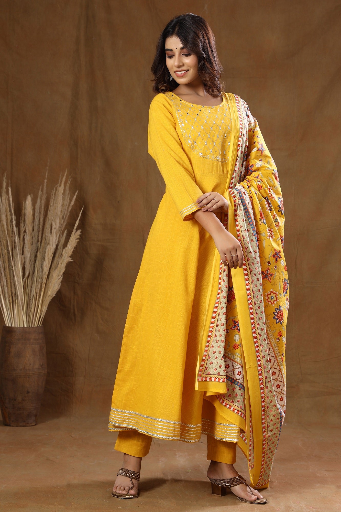 Women's Yellow Mirror Embroidery Anarkali Suit Set - KAAJH