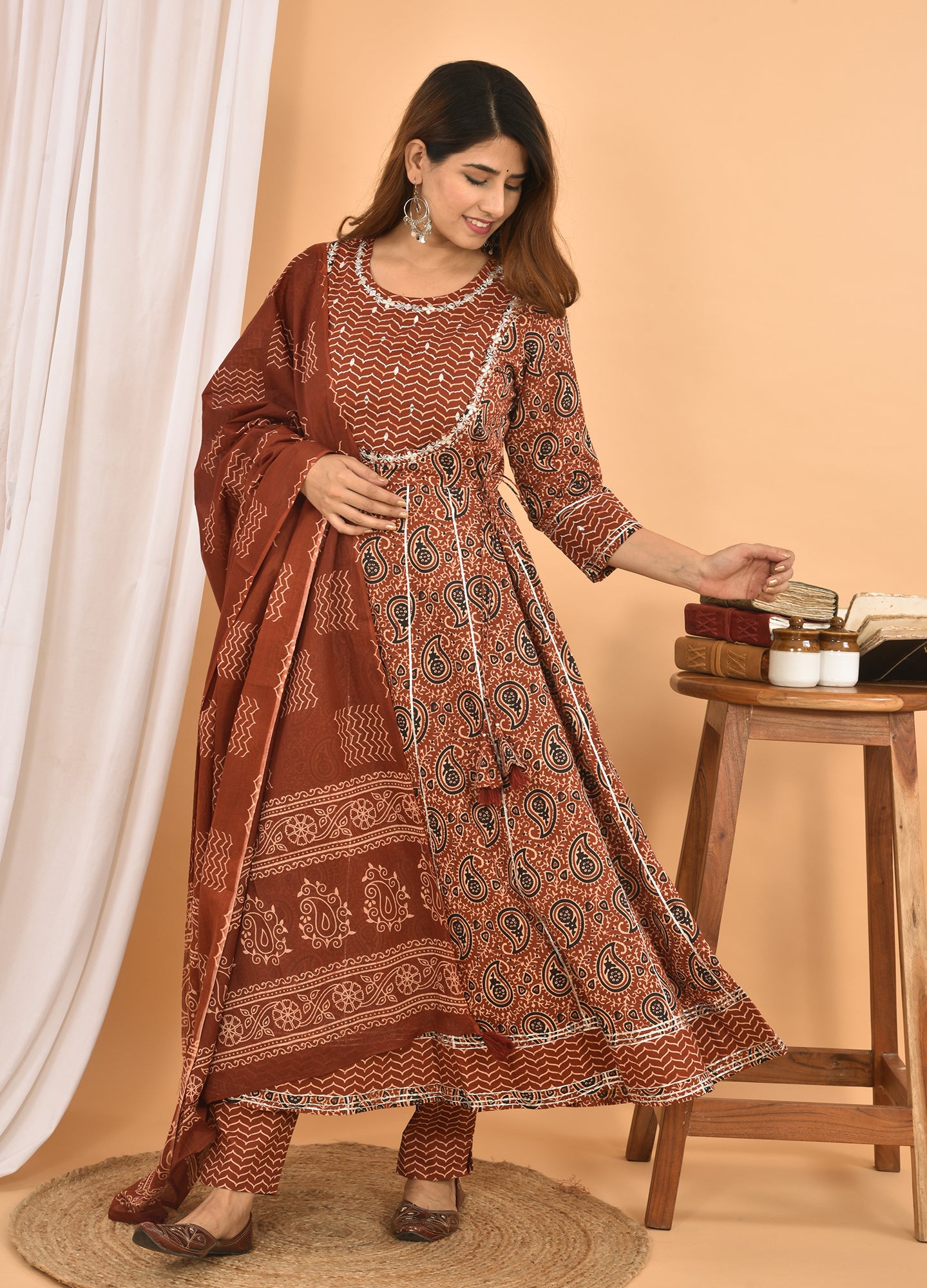 Women's Brown Embellished Anarkali Suit Set - KAAJH
