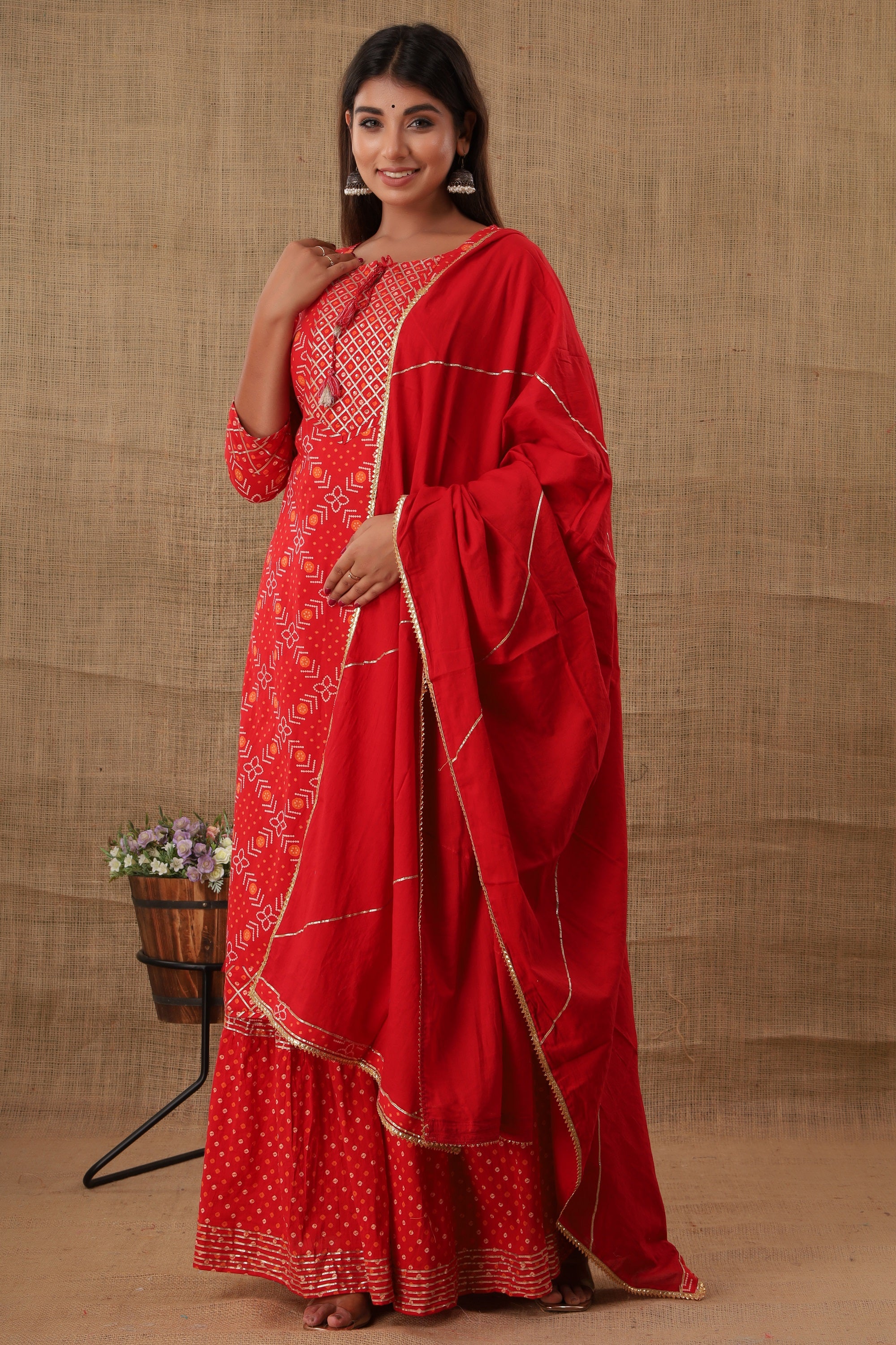 Women's Red Bandhej Embellishment Suit Set - KAAJH