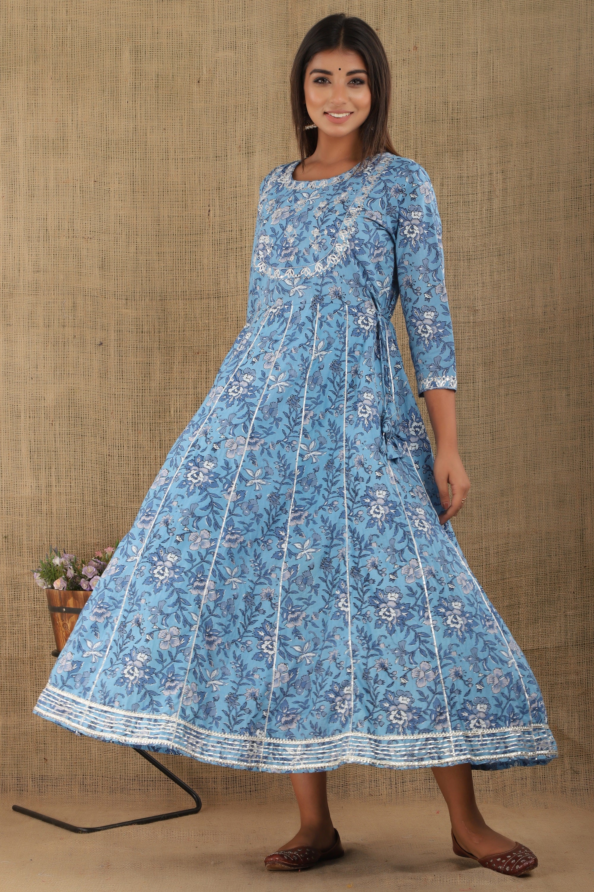 Women's Blue Floral Print Embroidery Anarkali Kurta - KAAJH