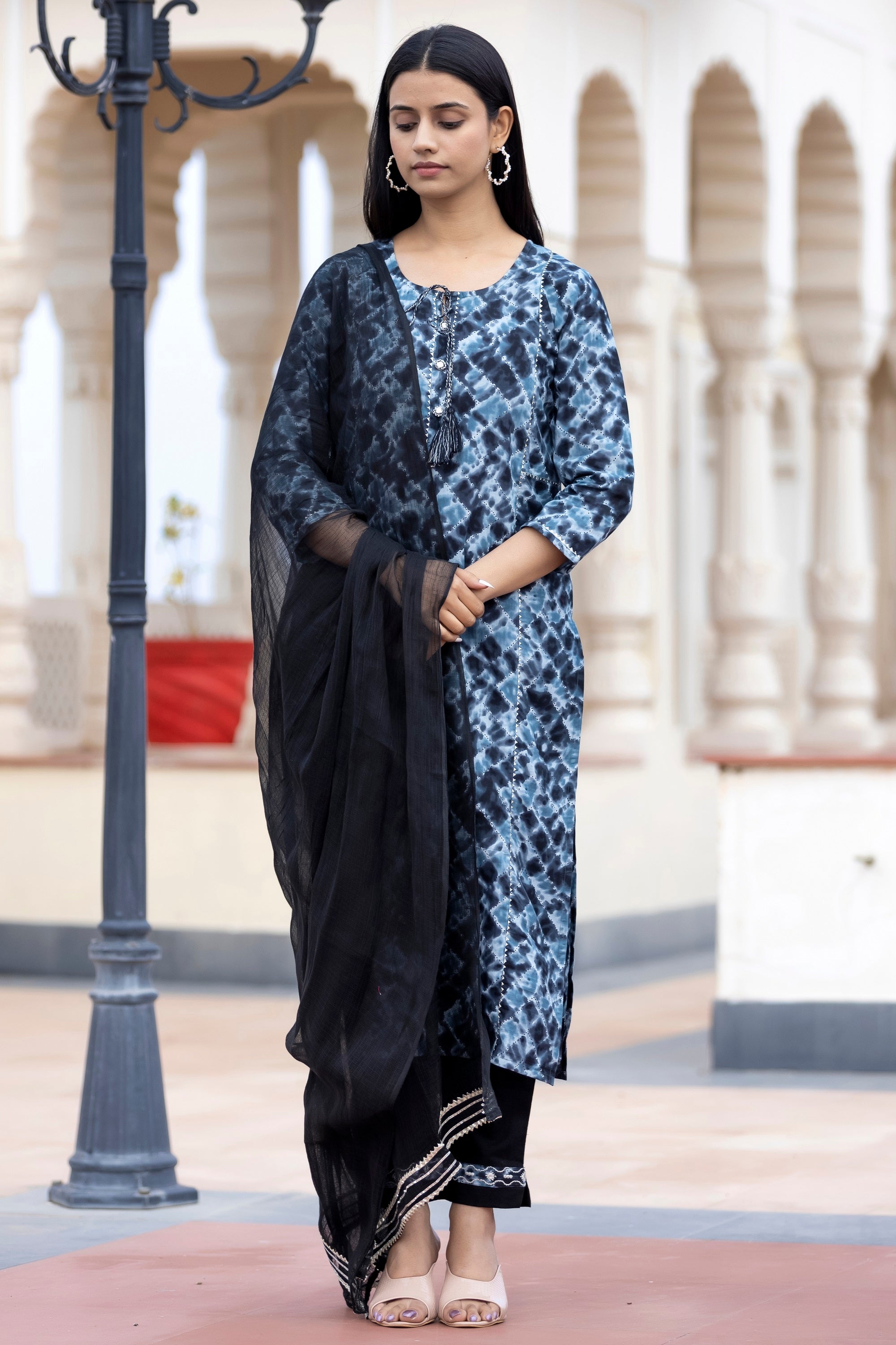 Women's Black Tie Dye Print Cotton Suit Set - KAAJH