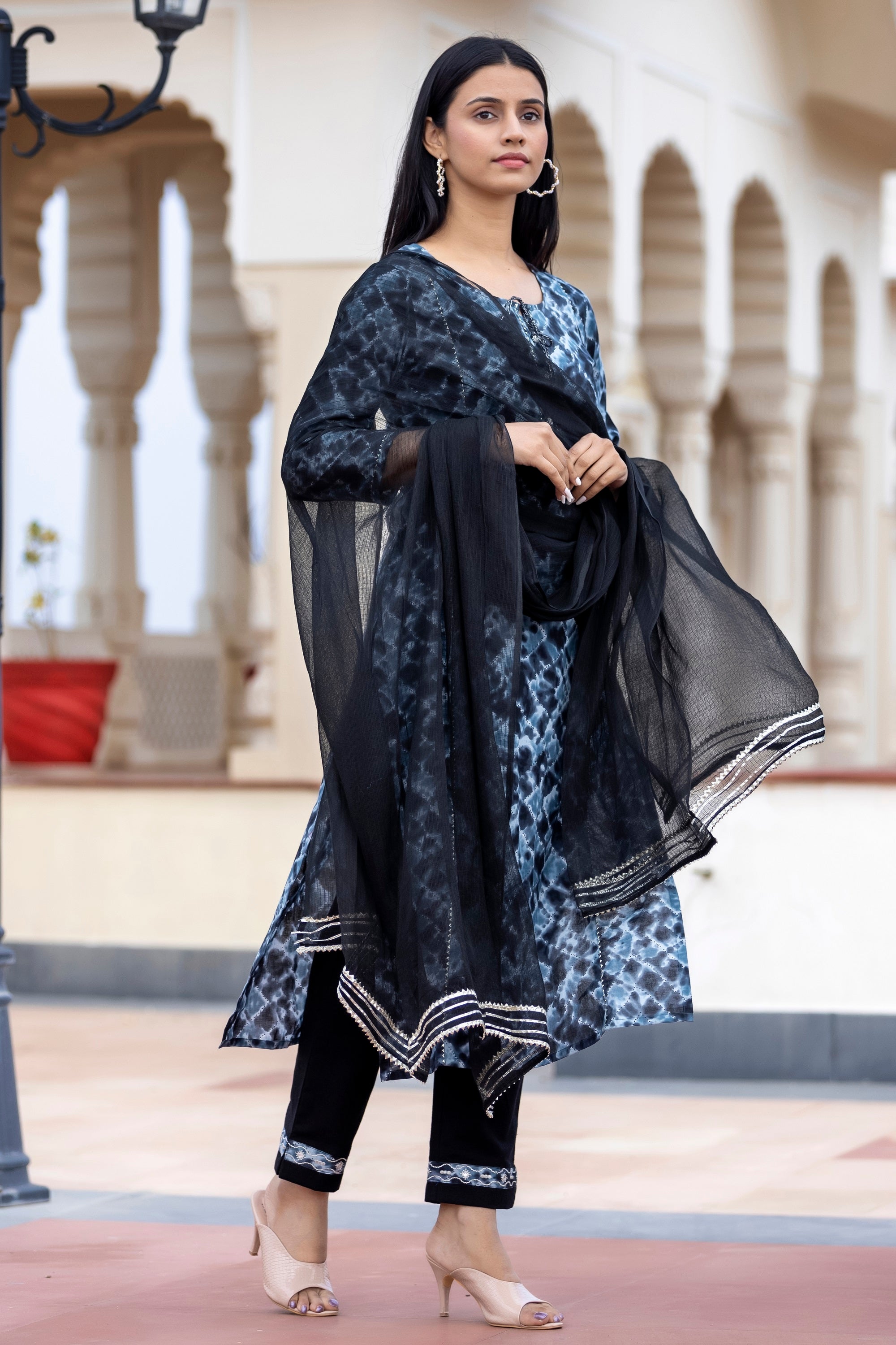 Women's Black Tie Dye Print Cotton Suit Set - KAAJH