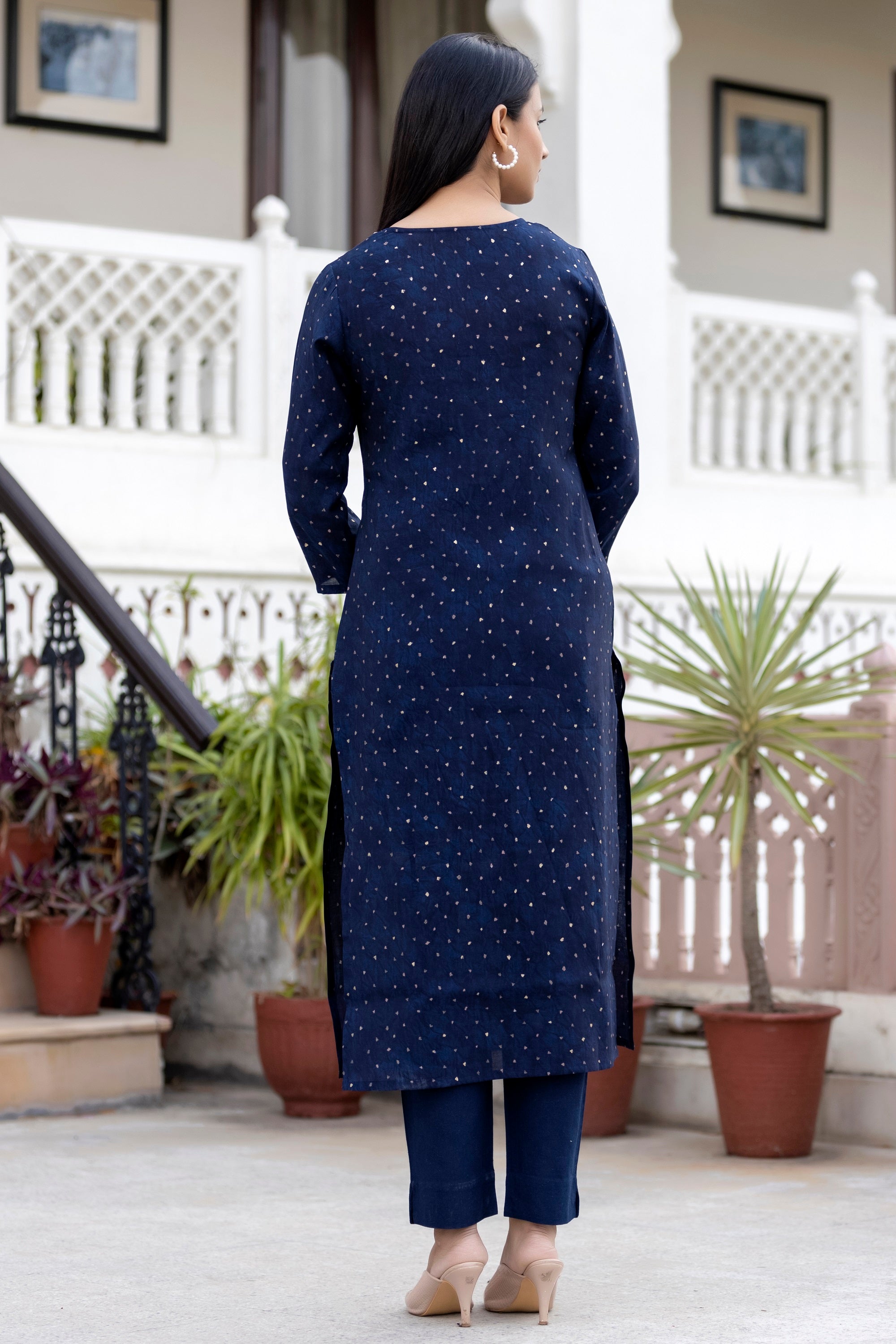 Women's Blue Gold Printed Modal Silk Kurta Pant Set - KAAJH