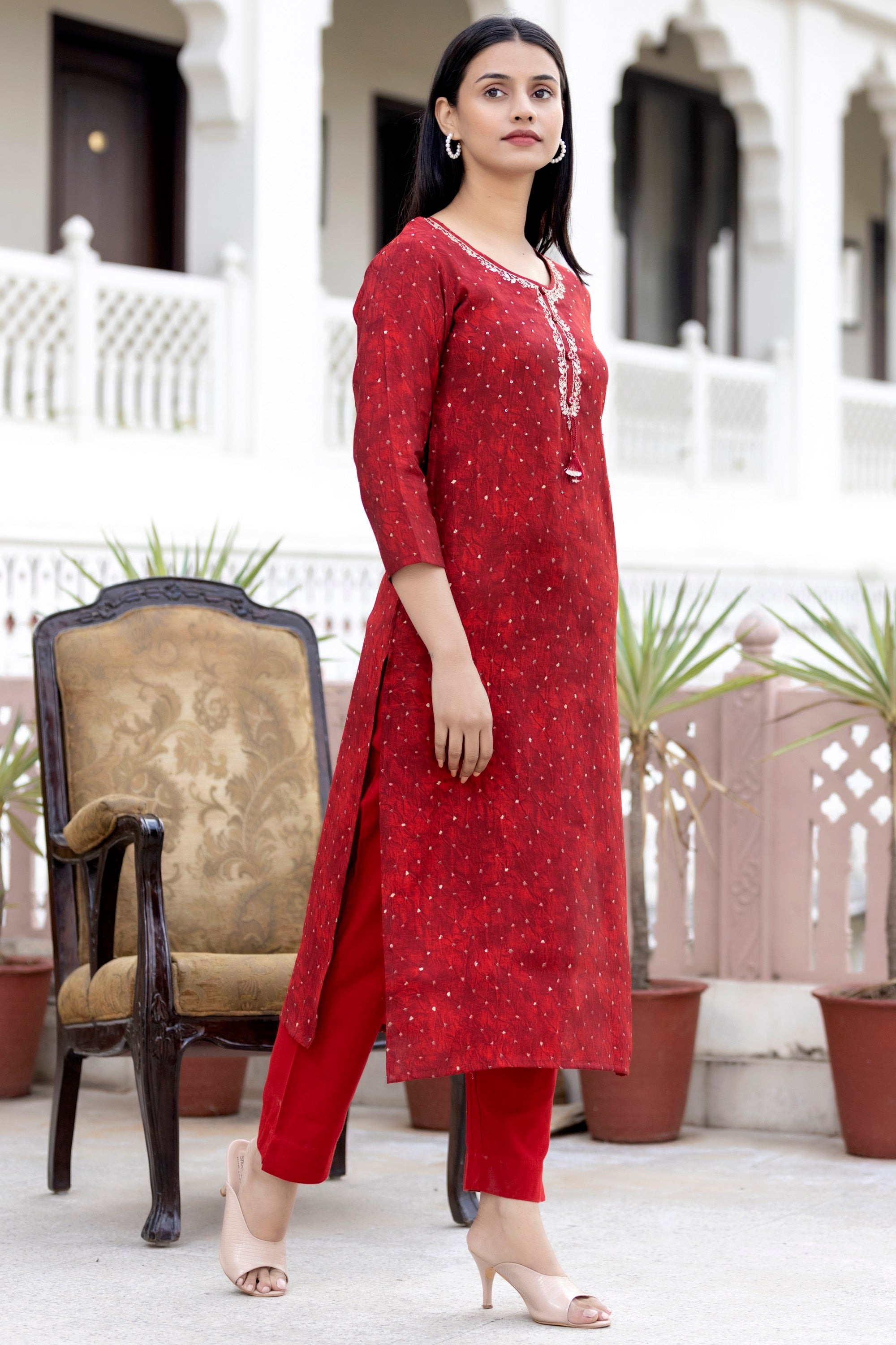 Women's Red Gold Printed Modal Silk Kurta Pant Set - KAAJH