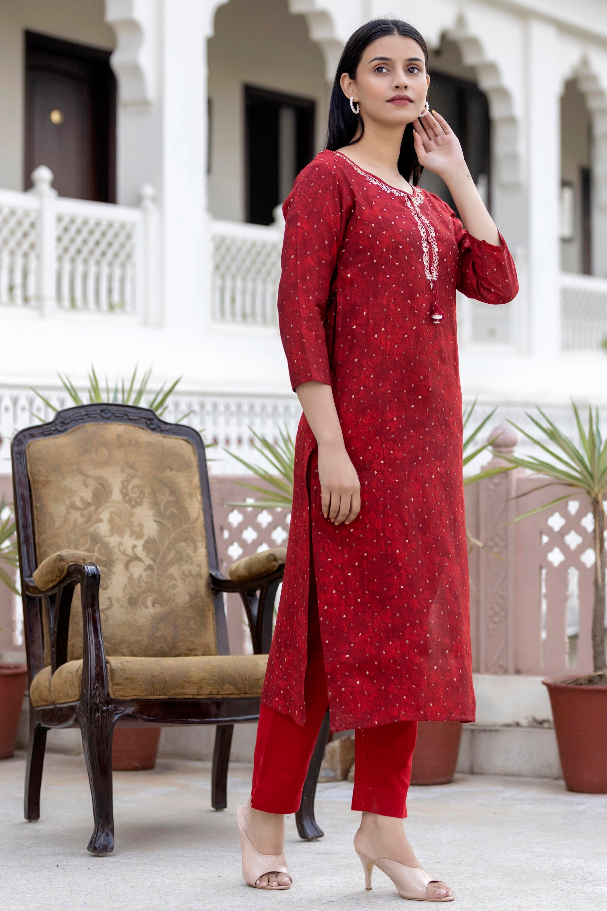 Women's Red Gold Printed Modal Silk Kurta Pant Set - KAAJH