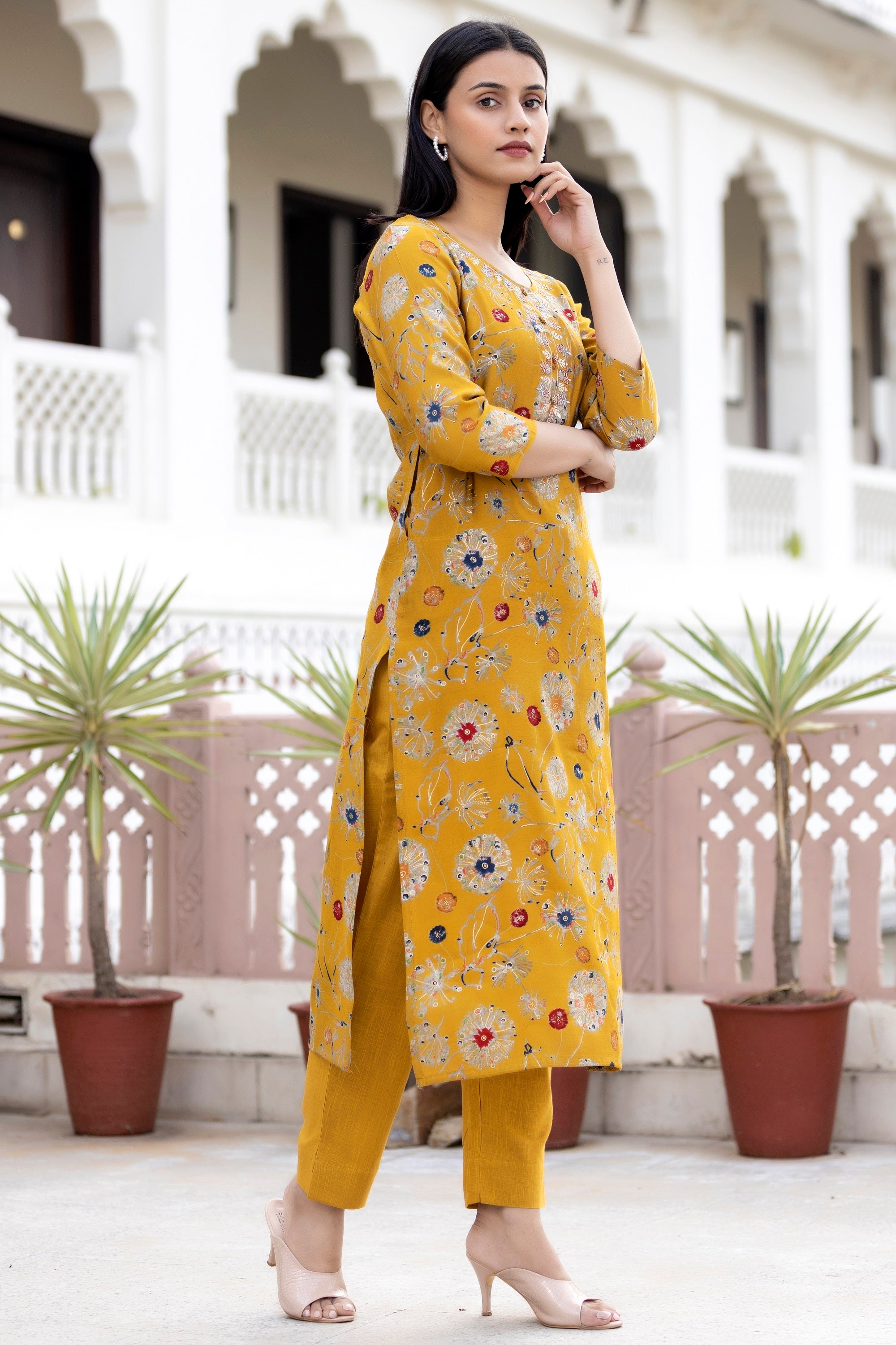 Women's Yellow Floral Printed Modal Silk Kurta Pant Set - KAAJH