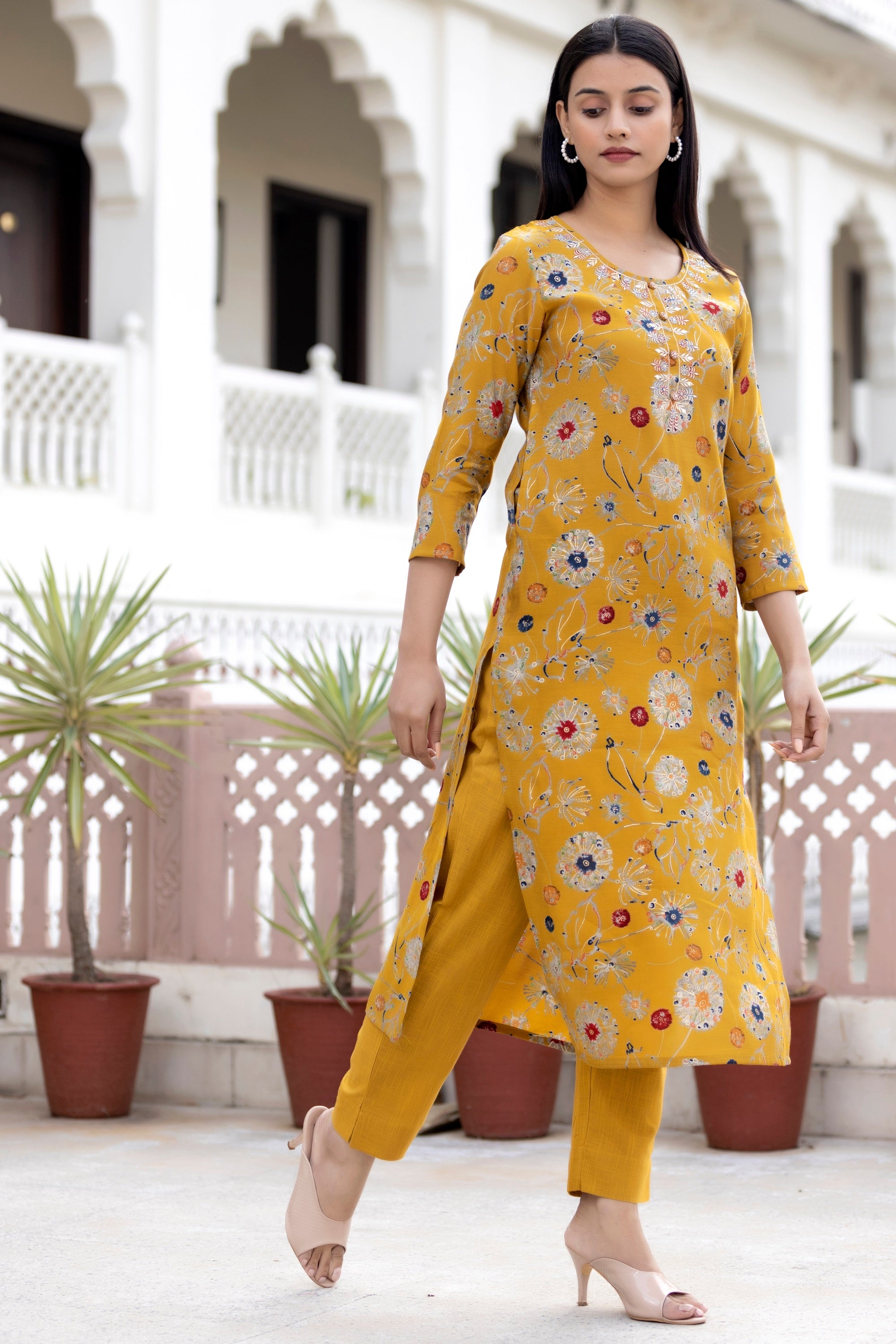 Women's Yellow Floral Printed Modal Silk Kurta Pant Set - KAAJH