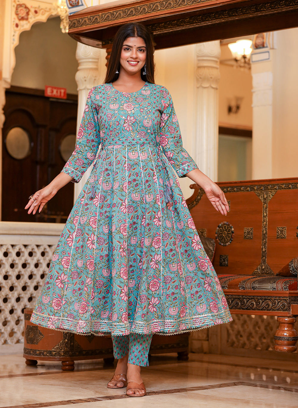 Women's Turquoise Floral Print Flared Anarkali Kurta With Pant  - KAAJH