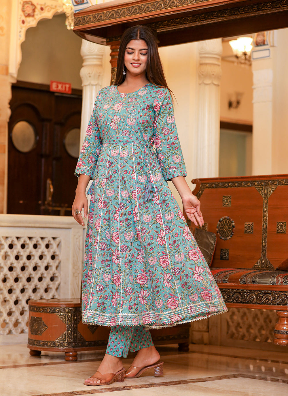 Women's Turquoise Floral Print Flared Anarkali Kurta With Pant  - KAAJH