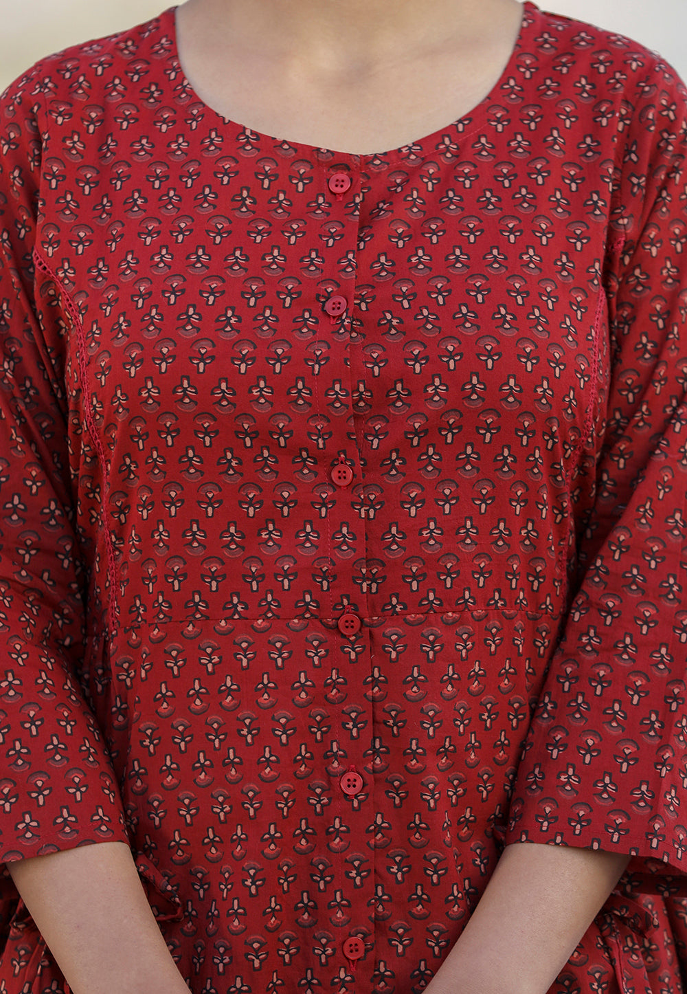 Women's Maroon Printed Shirt Style Cotton Tunic - KAAJH