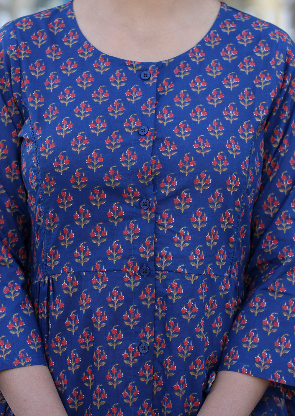 Women's Blue Printed Shirt Style Cotton Tunic - KAAJH