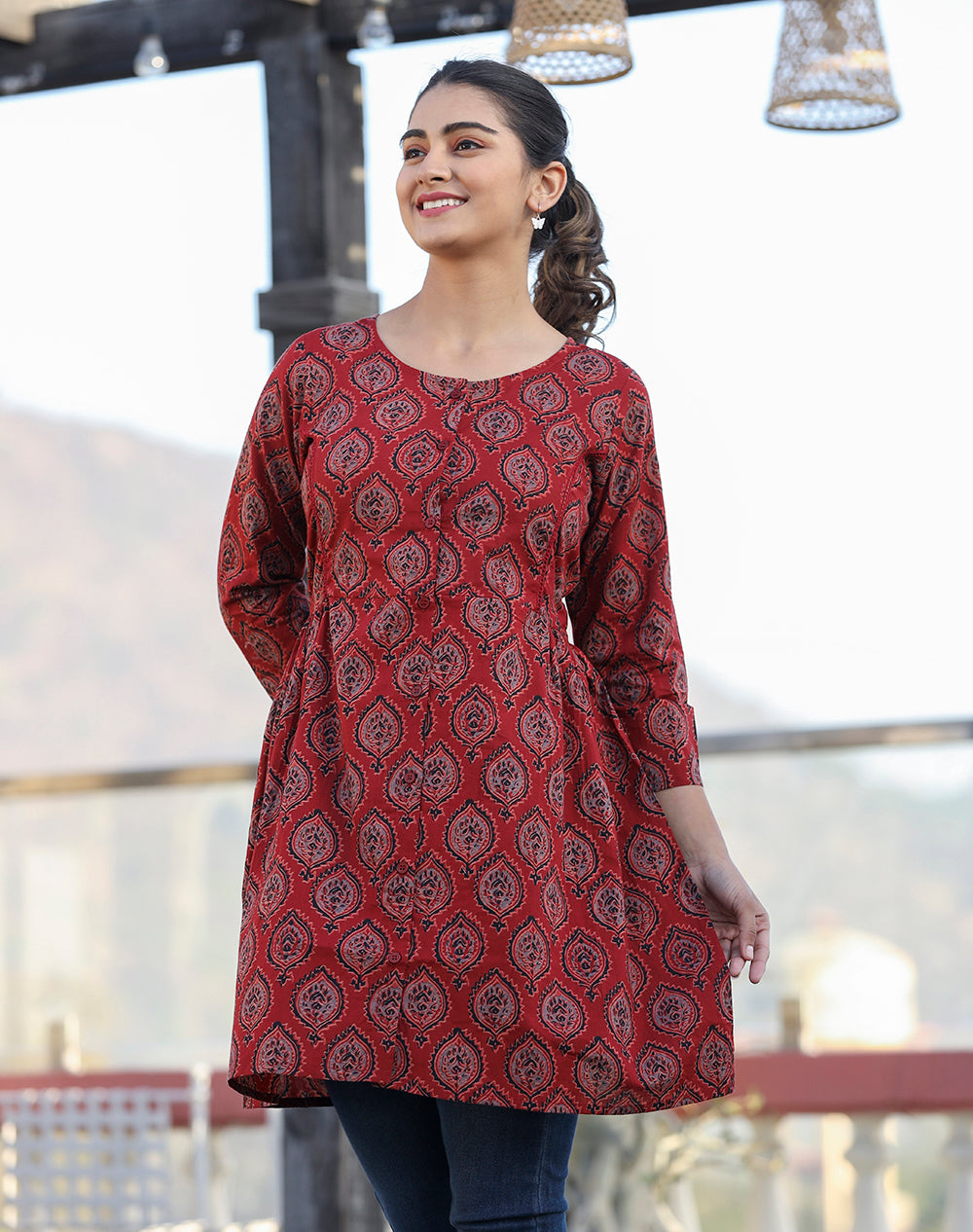 Women's Maroon Ajrak Print Cotton Shirt Style Tunic - KAAJH