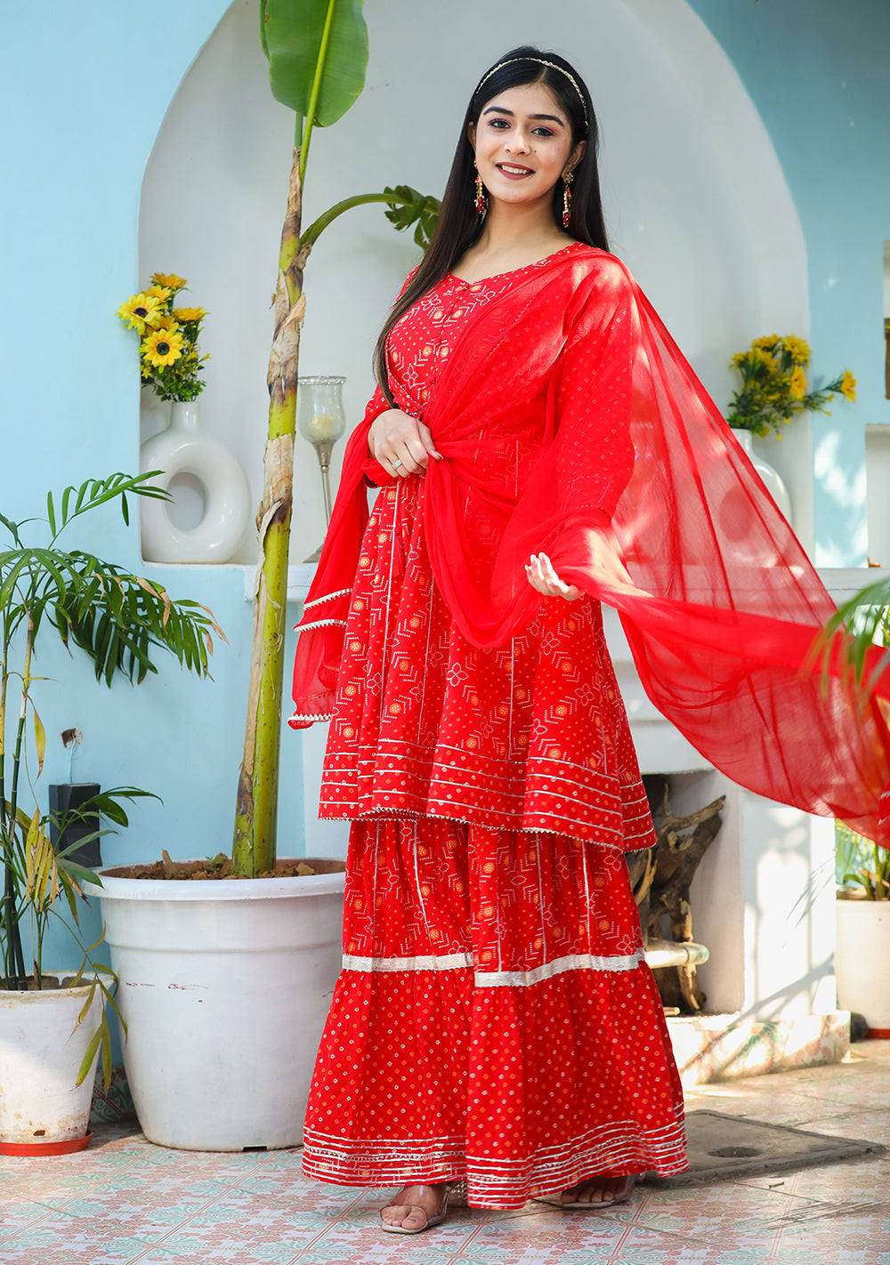 Women's Red Bandhej Cotton Paplum Kurta Sharara With Dupatta - KAAJH