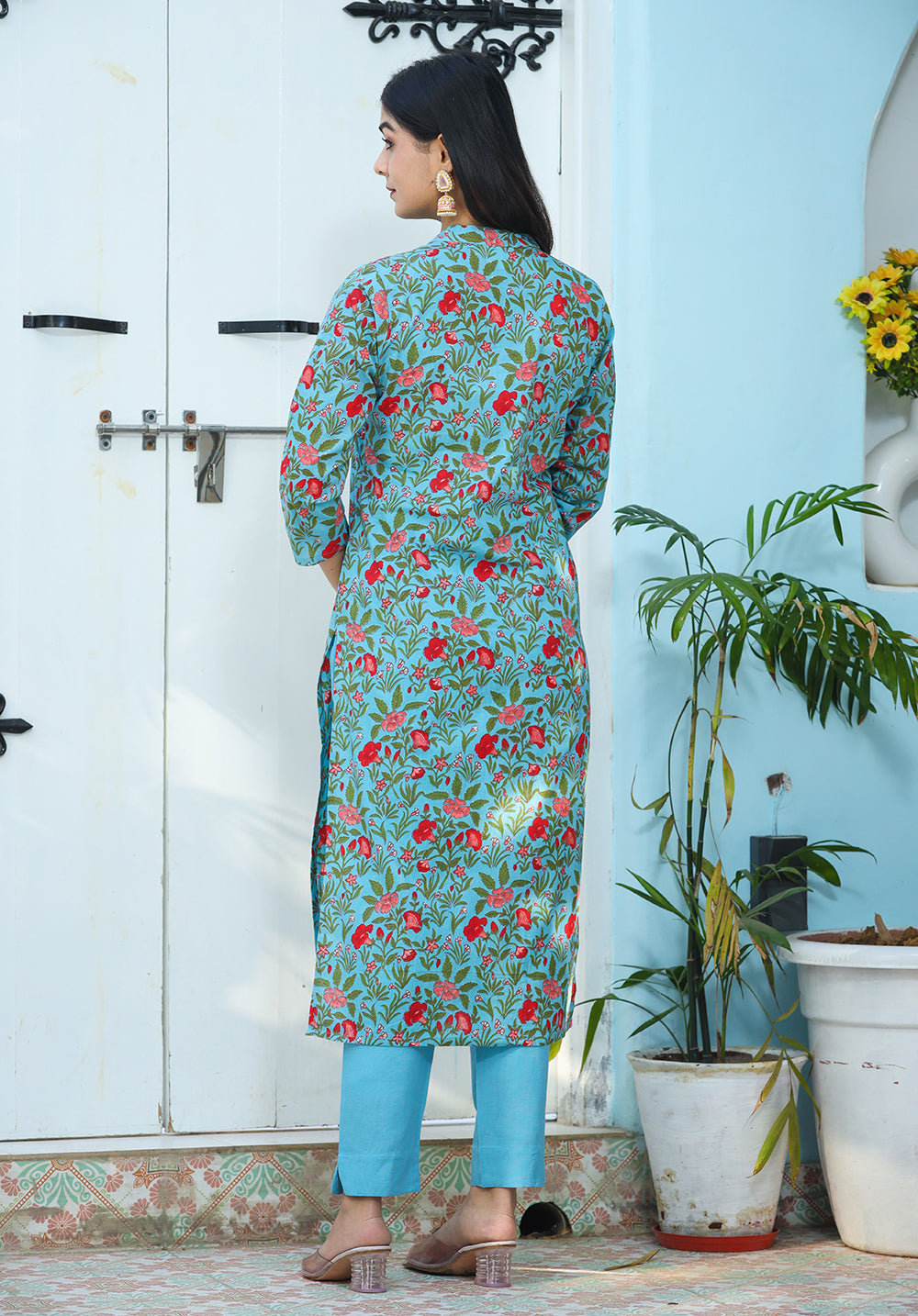 Women's Green Floral Print Cotton Kurta Pant Set - KAAJH