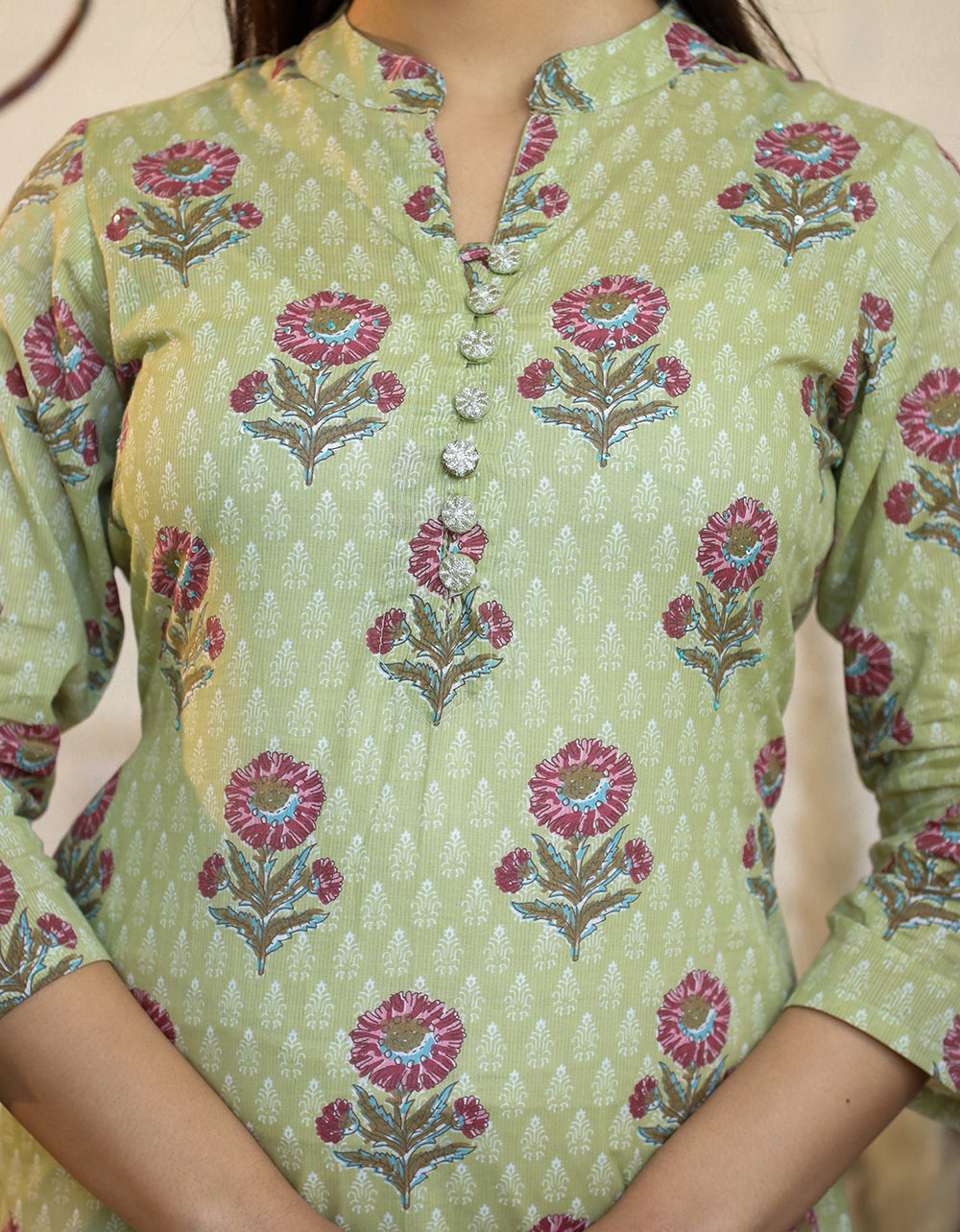 Women's Green Floral Print Cotton Casual Kurta - KAAJH