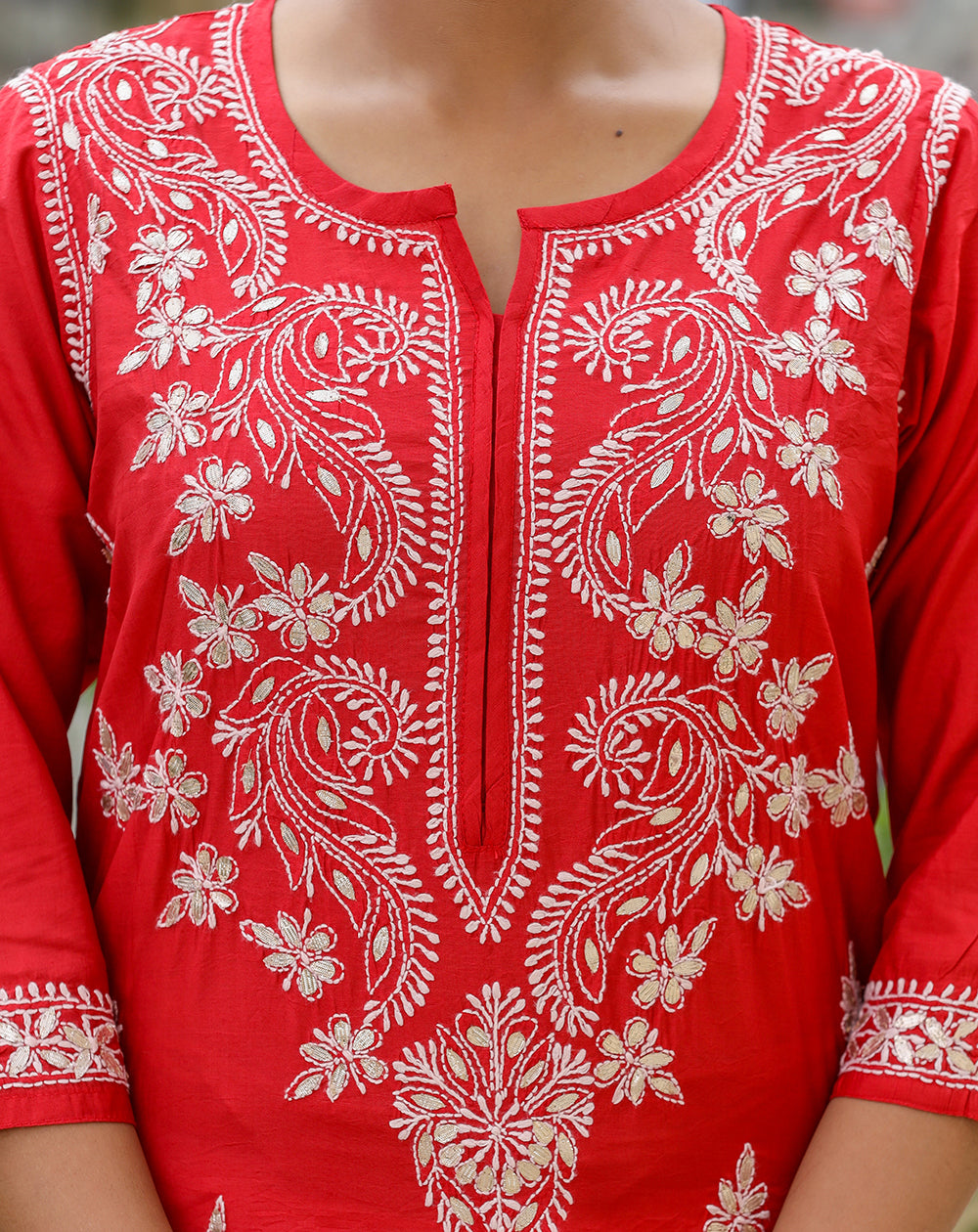 Women's Red Chikhankari Embroidered Kurta Pant Set - KAAJH