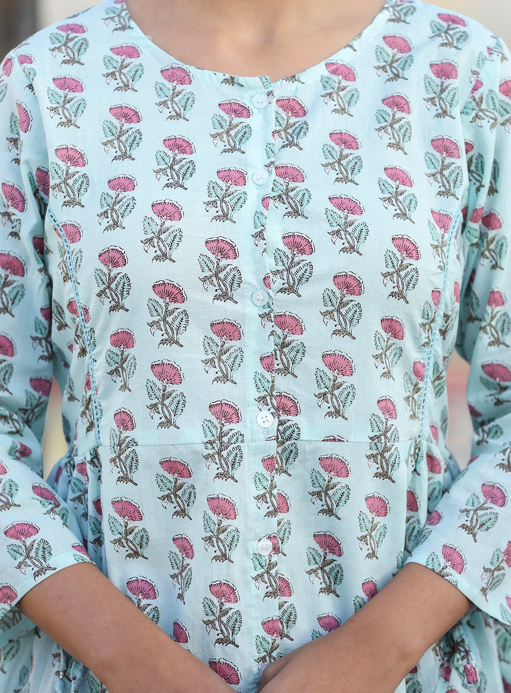 Women's Light Green Floral Print Cotton Shirt Style Tunic - KAAJH