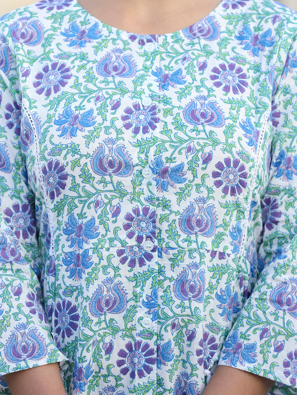 Women's White-Blue Floral Print Cotton Shirt Style Tunic - KAAJH