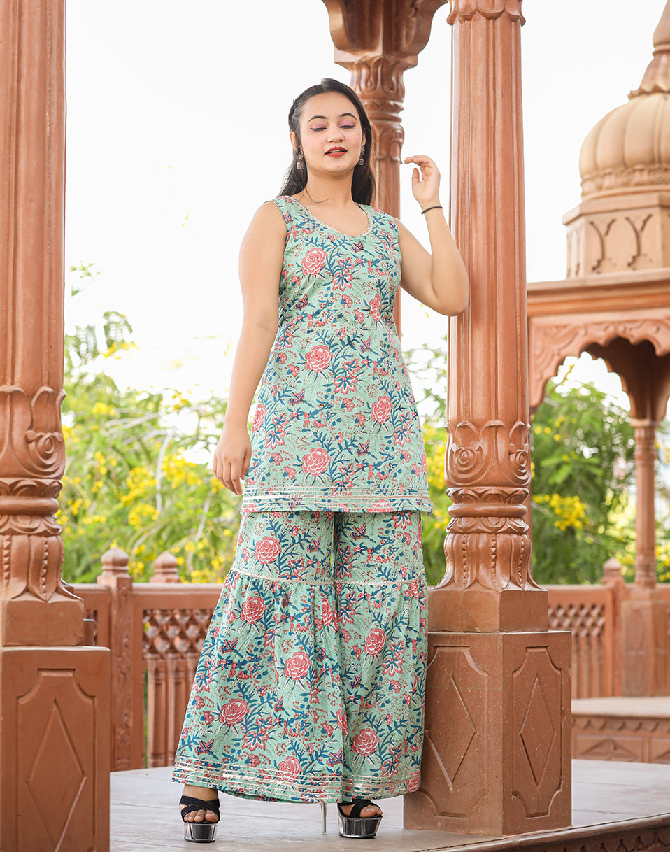 Women's Turquoise Floral Printed Kurta With Sharara  - KAAJH