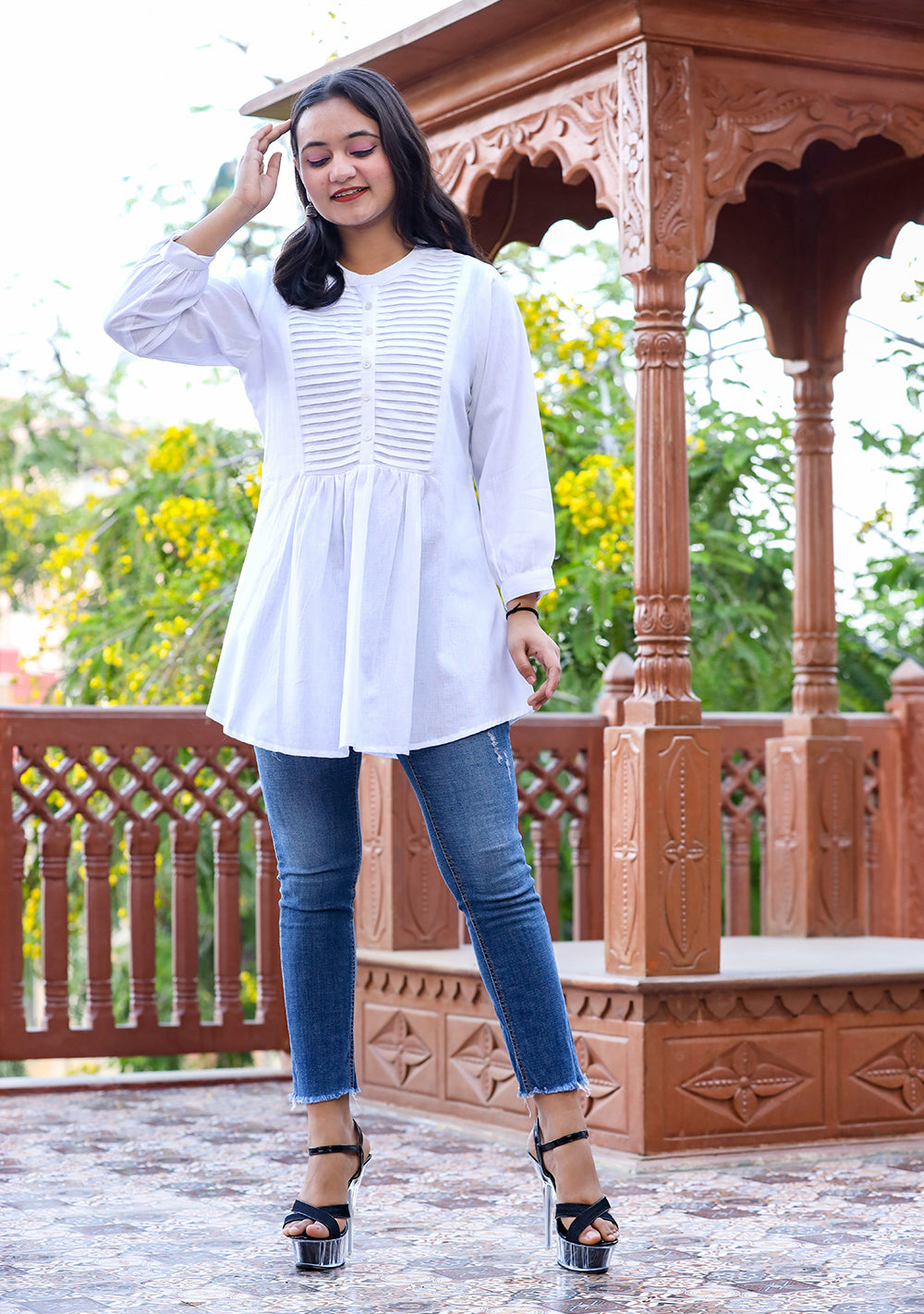 Women's Pastel White Cotton Tunic Top - KAAJH