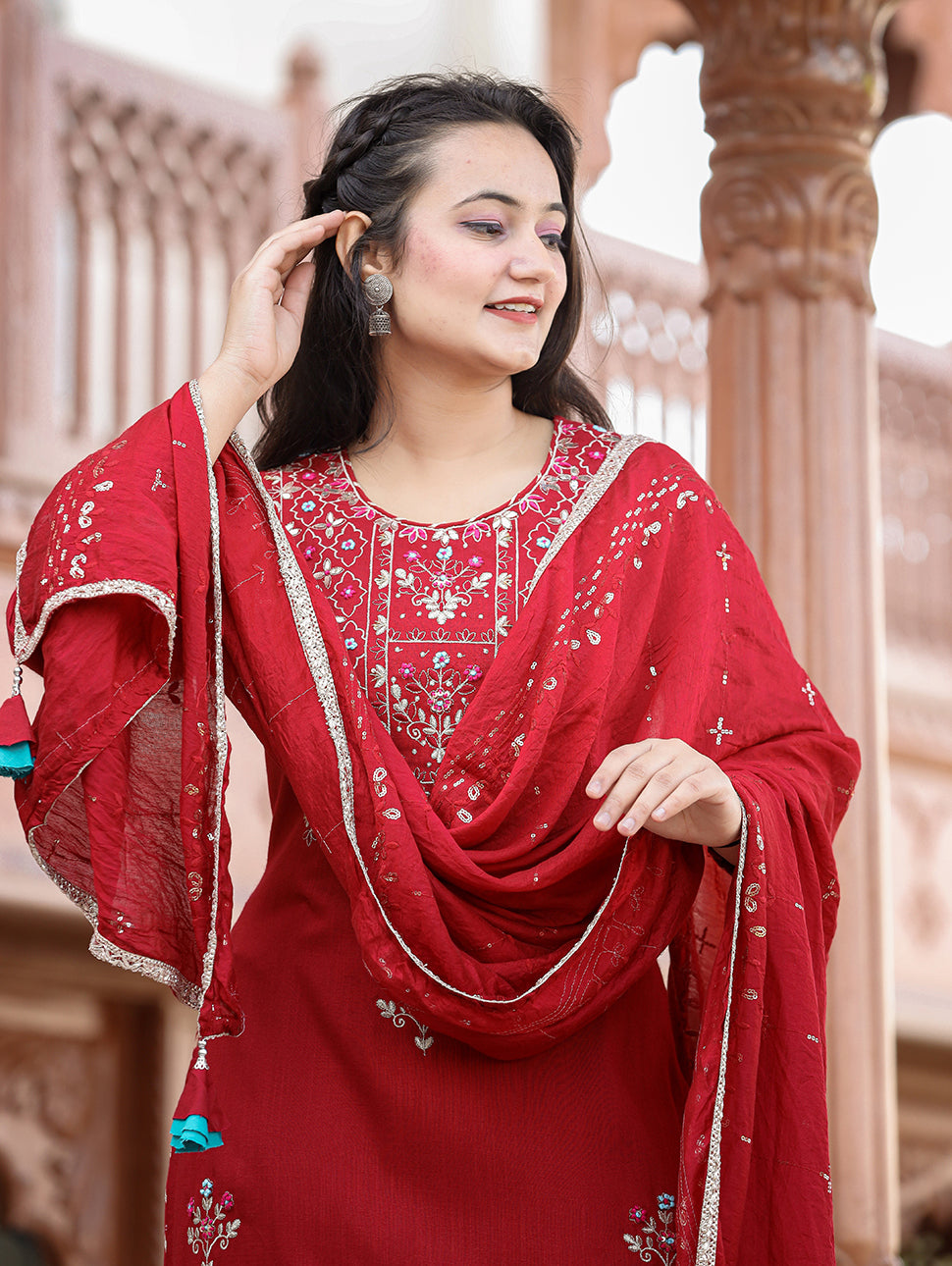 Women's Red Rayon Embroidered Kurta Sharara Set With Dupatta  - KAAJH