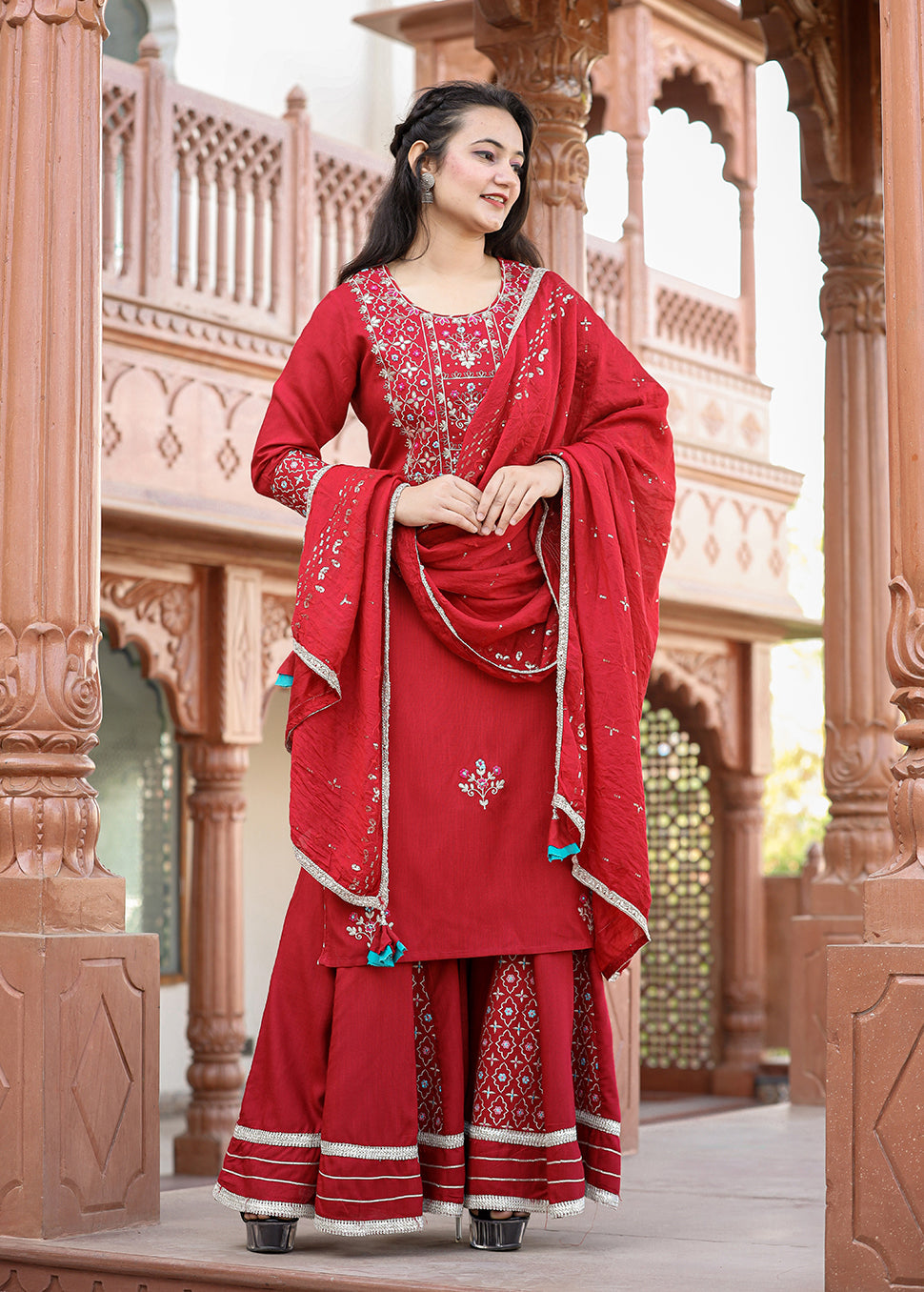 Women's Red Rayon Embroidered Kurta Sharara Set With Dupatta  - KAAJH
